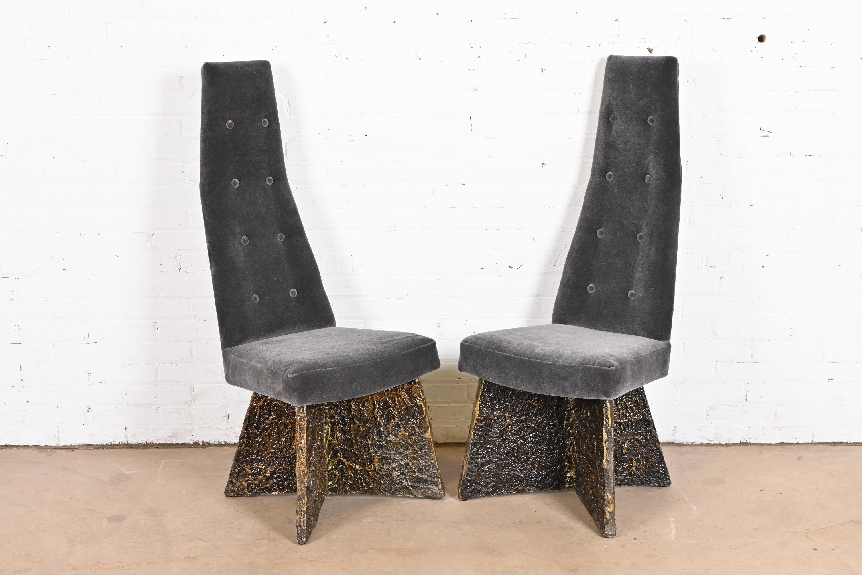 A rare and outstanding pair of Mid-Century Modern Brutalist high back side chairs or dining chairs

By Adrian Pearsall

USA, 1960s

Textured bronze-gilded resin bases, with gray mohair velvet upholstery.

Measures 19.5