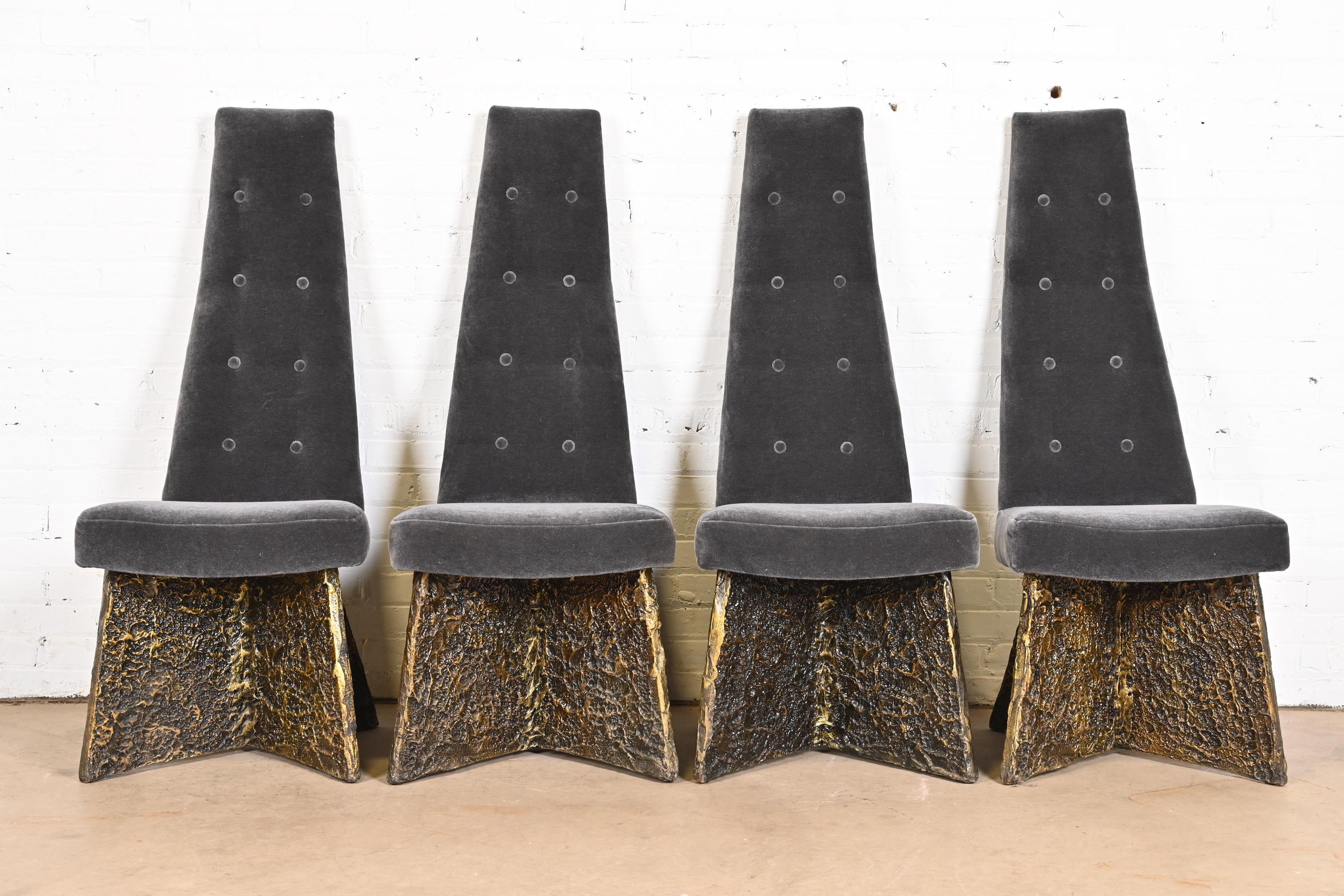A rare and outstanding set of four Mid-Century Modern Brutalist high back side chairs or dining chairs

By Adrian Pearsall

USA, 1960s

Textured bronze-gilded resin bases, with gray mohair velvet upholstery.

Measures 19.5