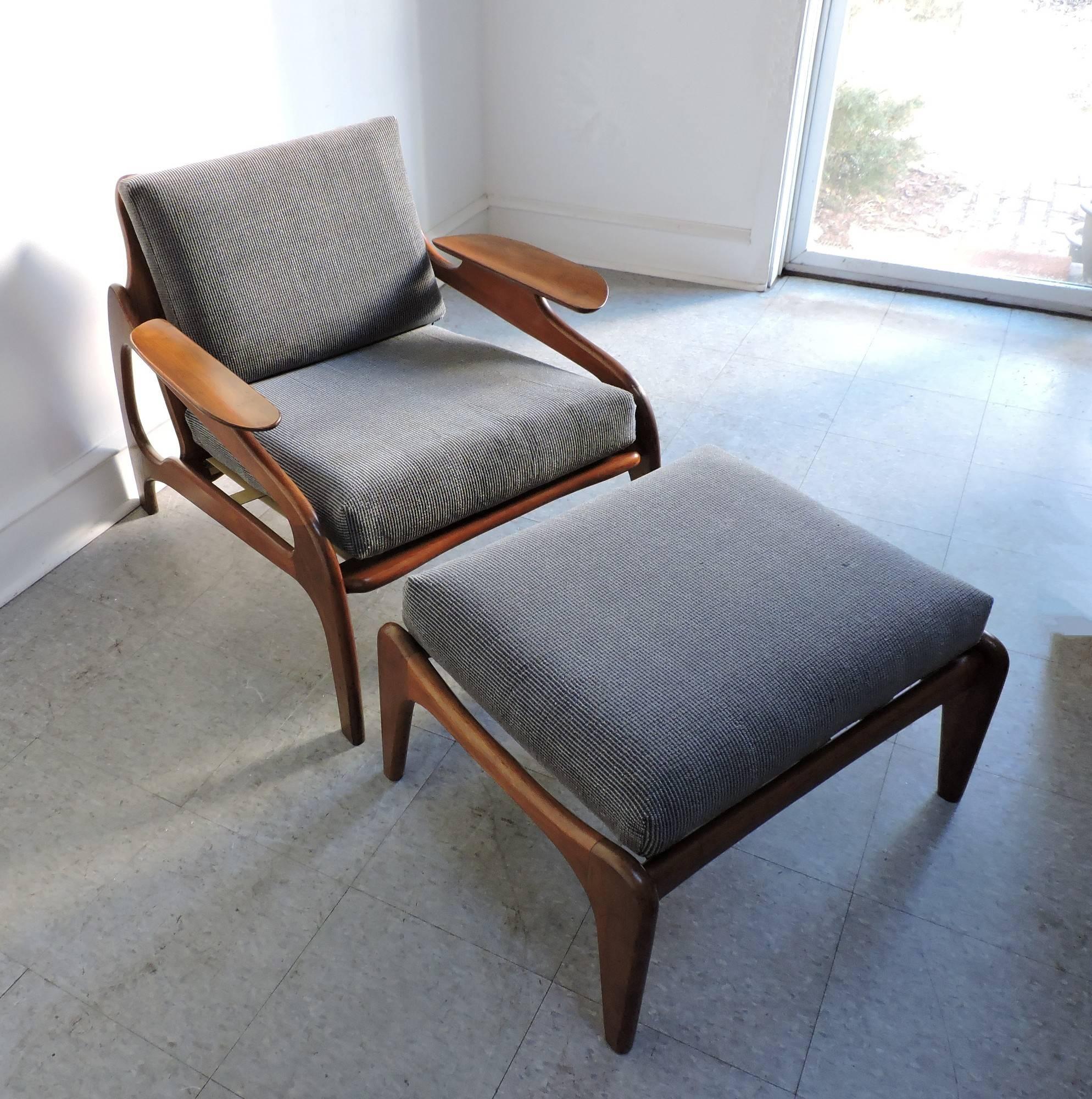 American Adrian Pearsall Mid-Century Modern Walnut and Cane Lounge Chair and Ottoman