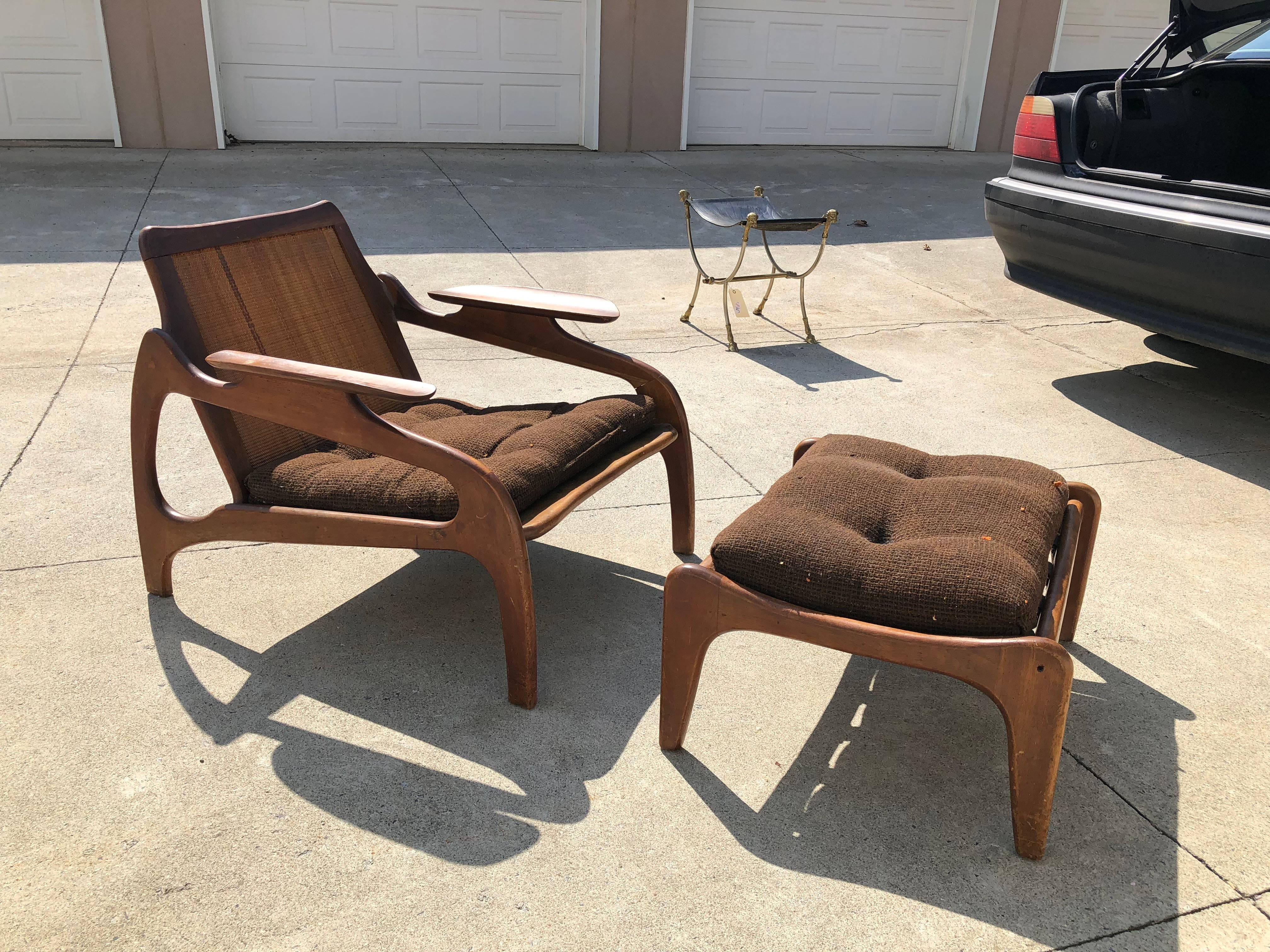 Hand-Crafted Adrian Pearsall Mid-Century Modern Walnut and Cane Lounge Chair and Ottoman