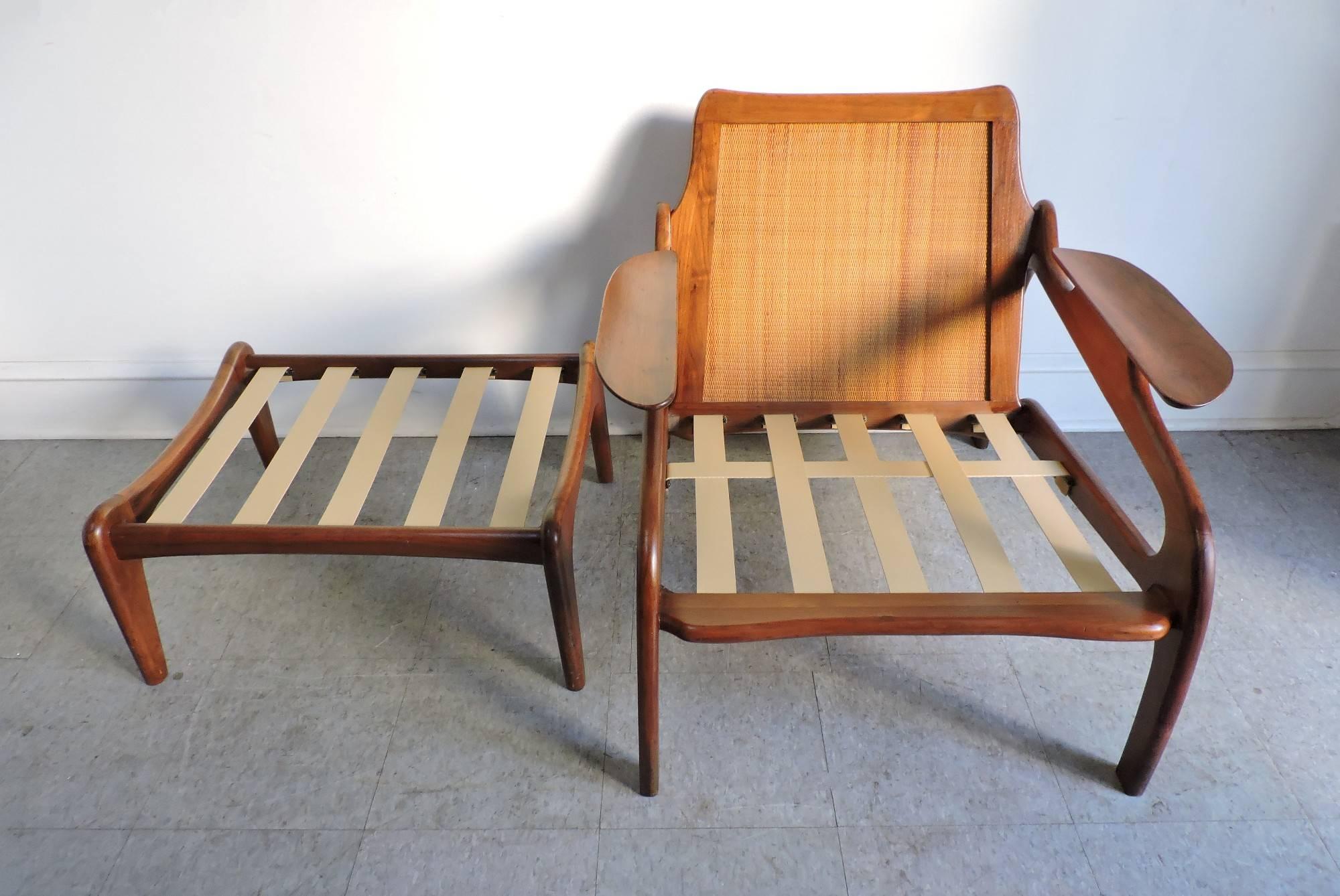 Mid-20th Century Adrian Pearsall Mid-Century Modern Walnut and Cane Lounge Chair and Ottoman