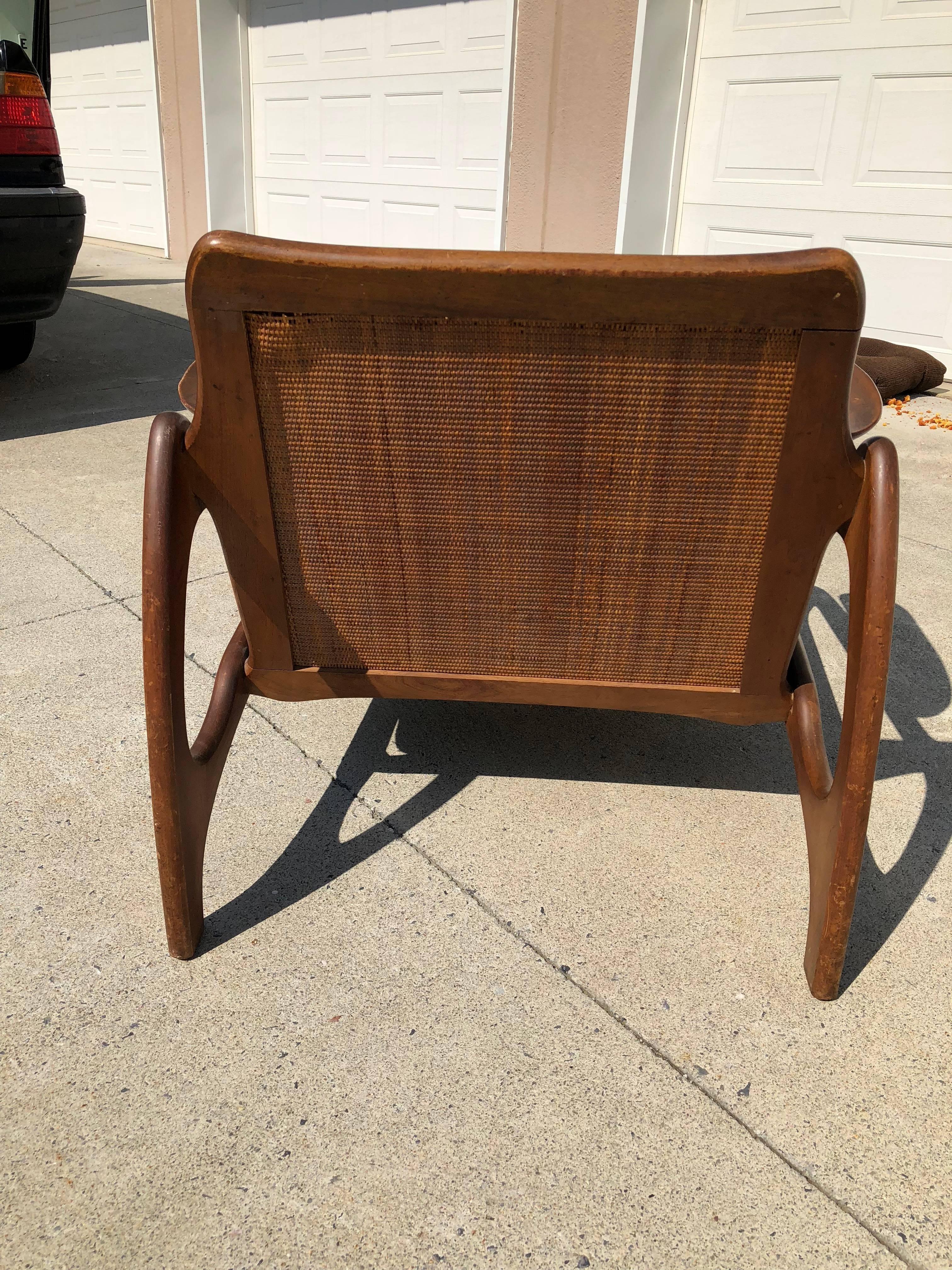 Mid-20th Century Adrian Pearsall Mid-Century Modern Walnut and Cane Lounge Chair and Ottoman