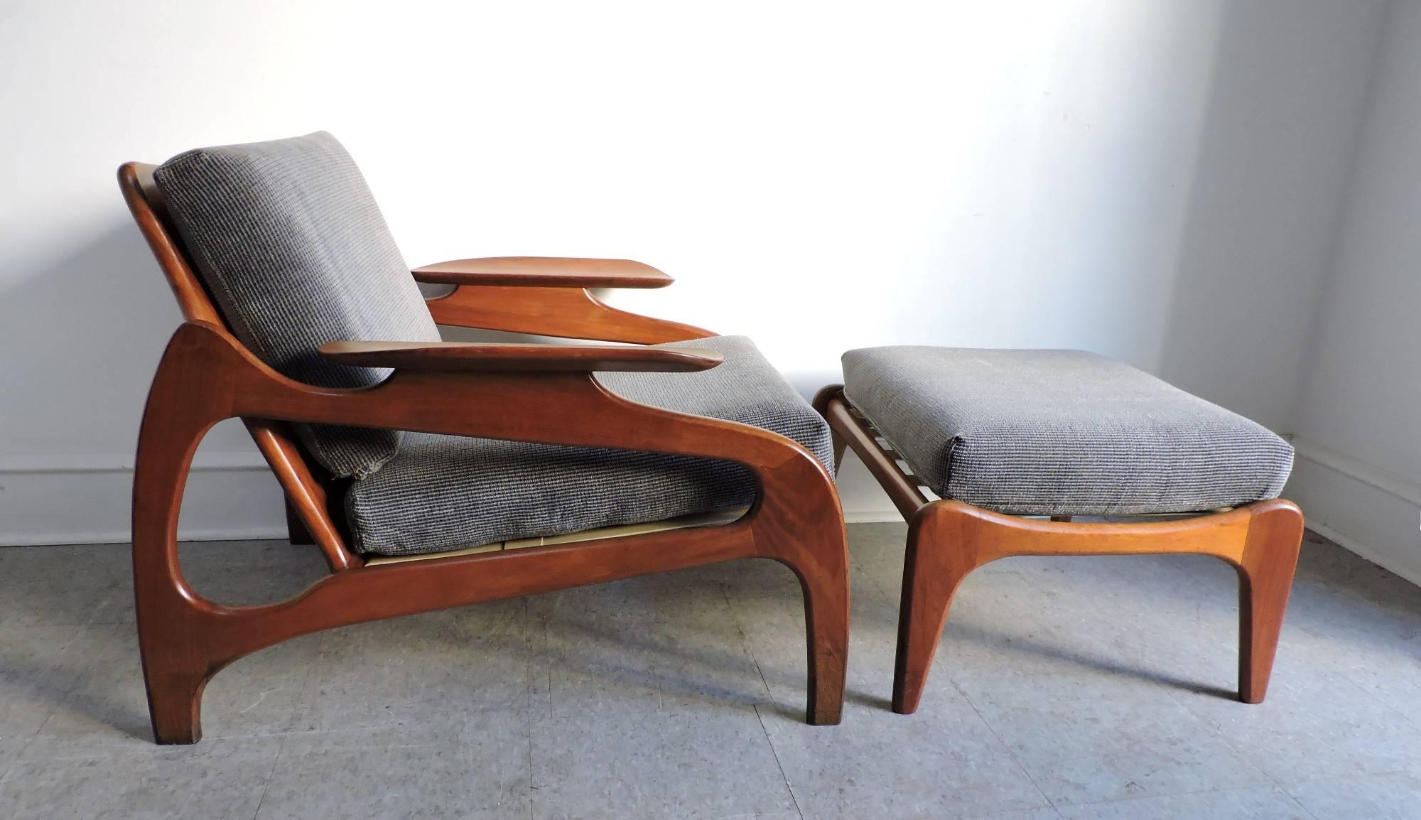 Adrian Pearsall Mid-Century Modern Walnut and Cane Lounge Chair and Ottoman 4
