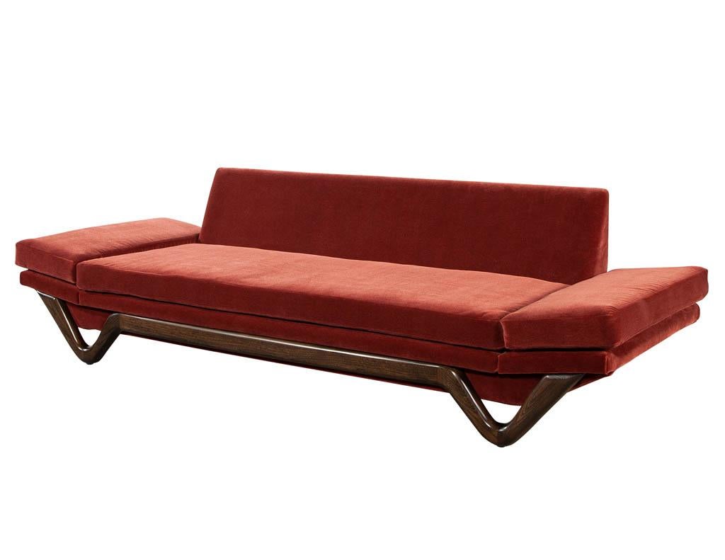 Adrian Pearsall Mid-Century Modern Walnut Gondola sofa. By iconic mid-century modern designer Adrian Pearsall. Masterfully restored to its original glory with newly refinished walnut frame and all new upholstery in a true to its age burgundy mohair