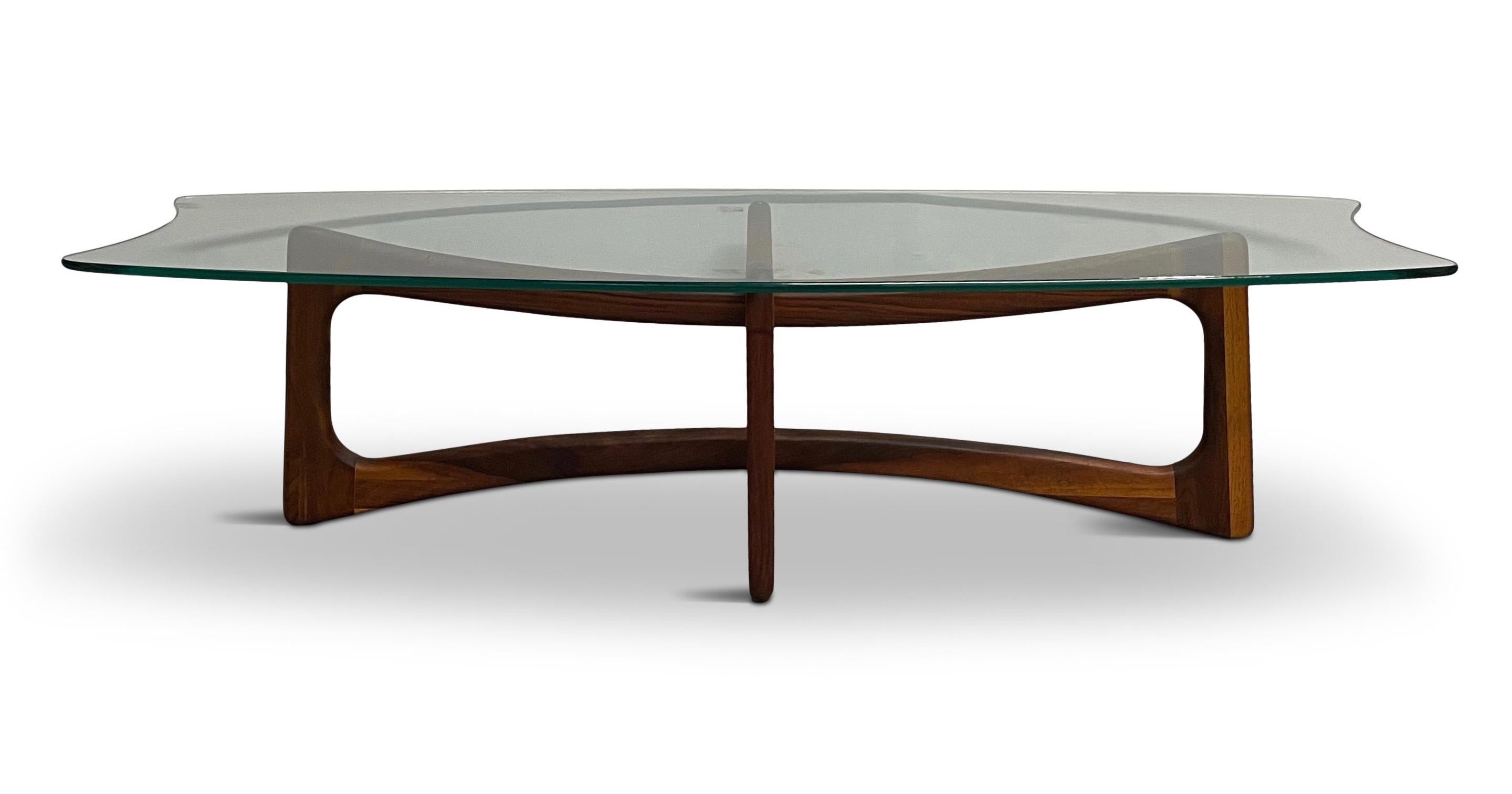 Classic Adrian Pearsall coffee table with a walnut base and interesting shark fin glass top.