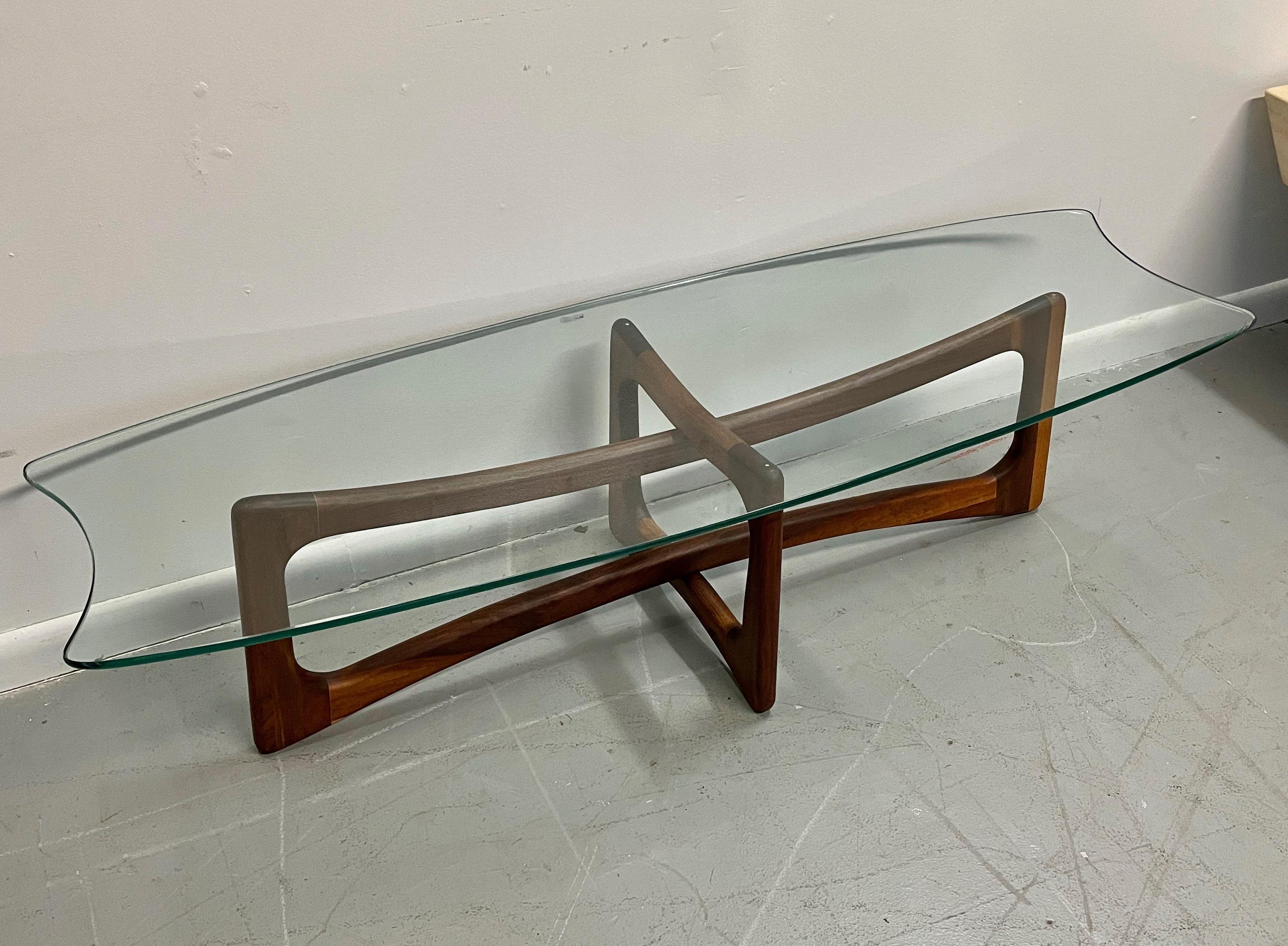 Adrian Pearsall Rectangular Walnut Ribbon Coffee Table Original Glass Midcentury In Good Condition In Philadelphia, PA