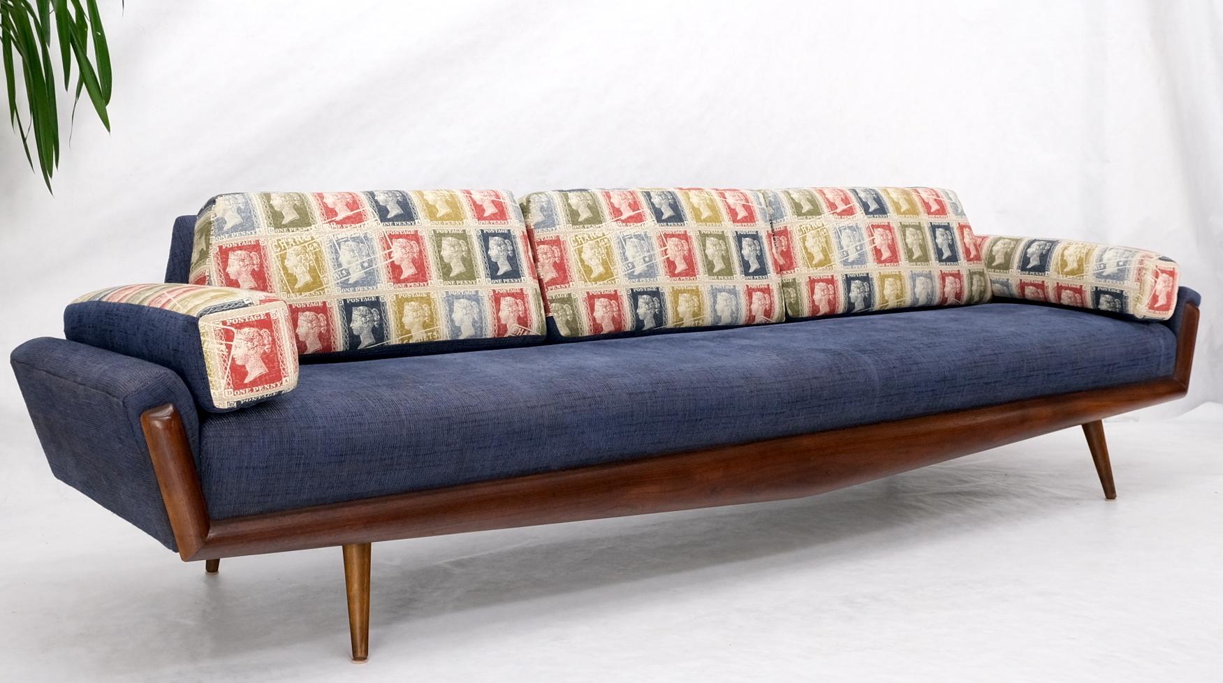 Adrian Pearsall Mid-Century Walnut Frame Stamps Theme Upholstery Gondola Sofa For Sale 7