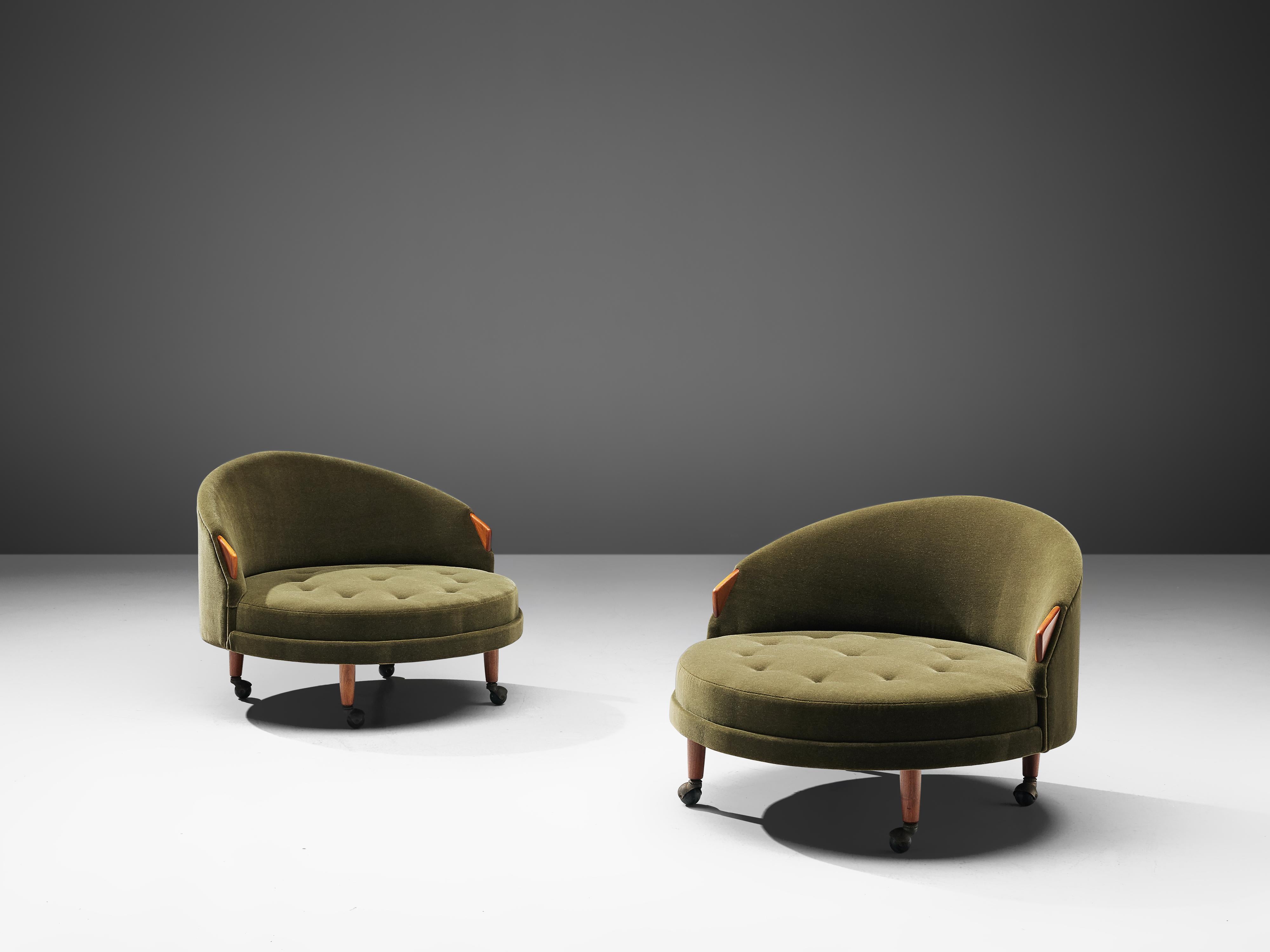 American Adrian Pearsall Pair of 'Havana' Lounge Chairs in Green Pierre Frey and Walnut