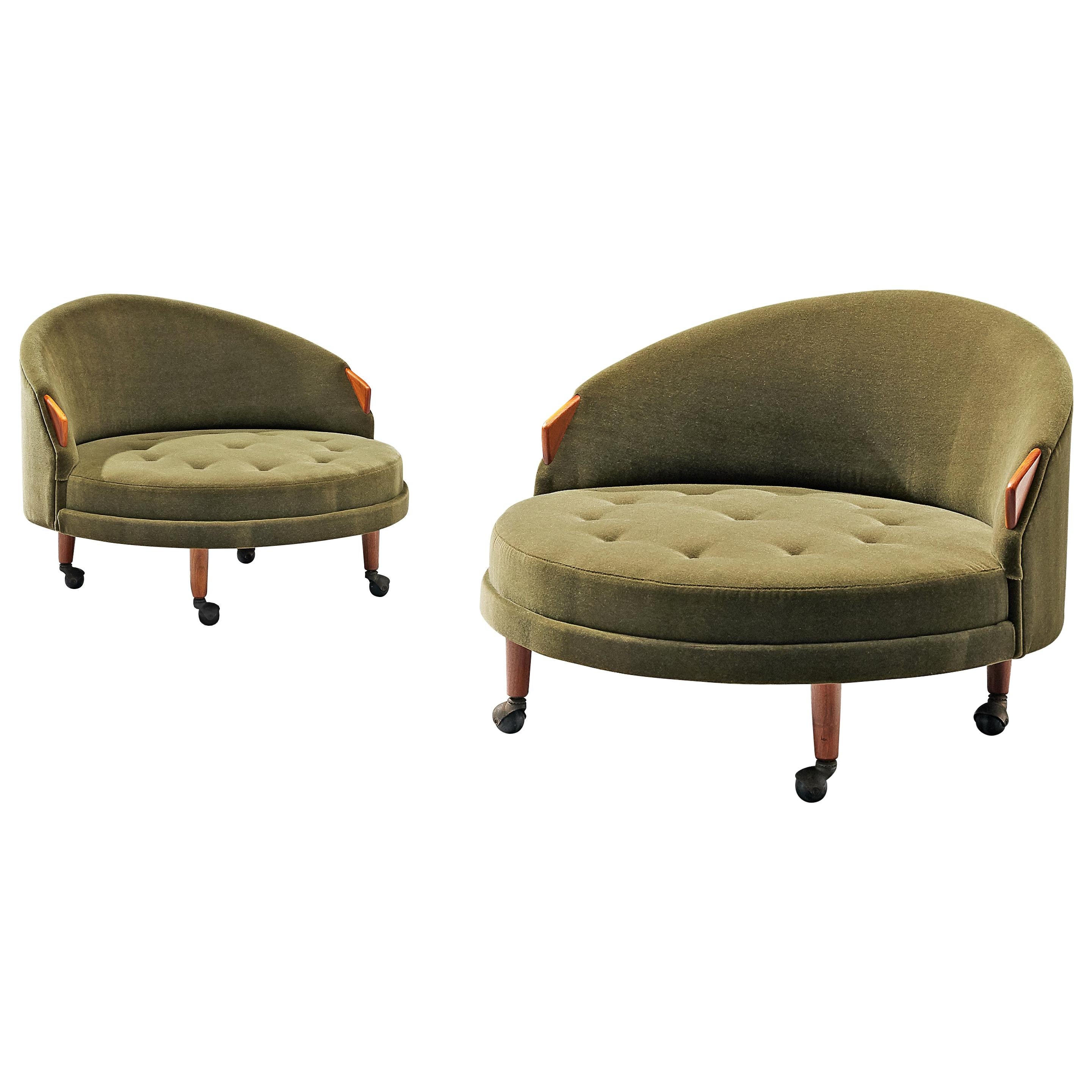 Adrian Pearsall Pair of 'Havana' Lounge Chairs in Green Pierre Frey and Walnut