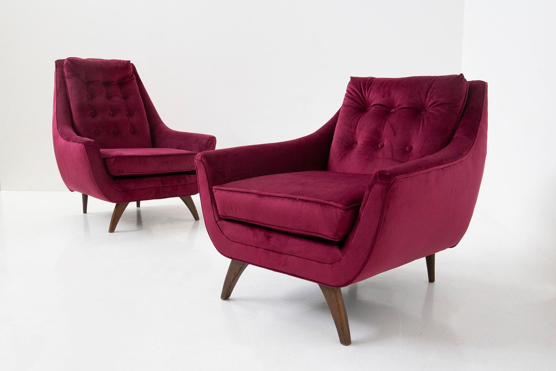 Adrian Pearsall Pair of Purple Armchairs in Velvet Him and Her In Good Condition For Sale In Milano, IT