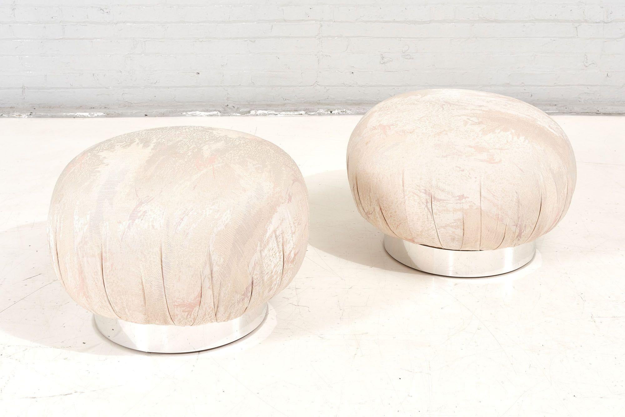 Upholstery Adrian Pearsall Pair Swivel Pouf Ottomans with Chrome Base, 1980