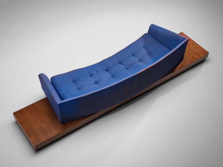 Adrian Pearsall ‘Platform’ Curved Sofa in Blue Fabric and Walnut For Sale 4