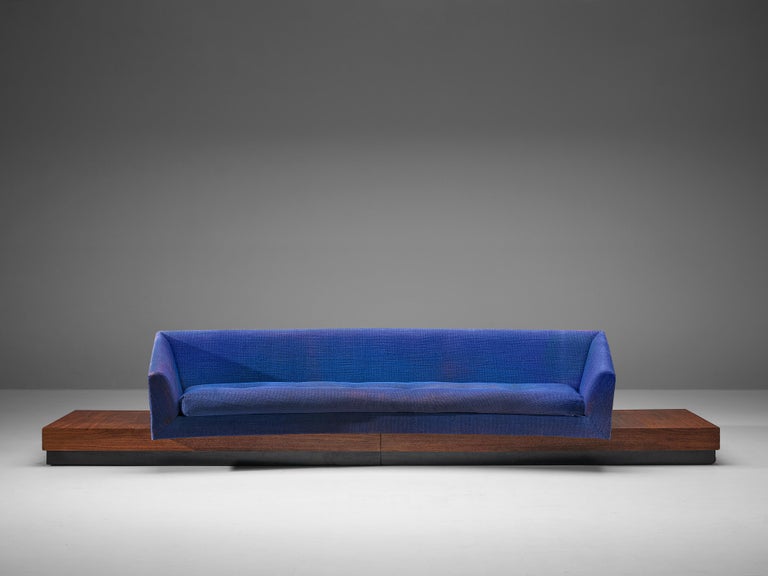 American Adrian Pearsall ‘Platform’ Curved Sofa in Blue Fabric and Walnut For Sale