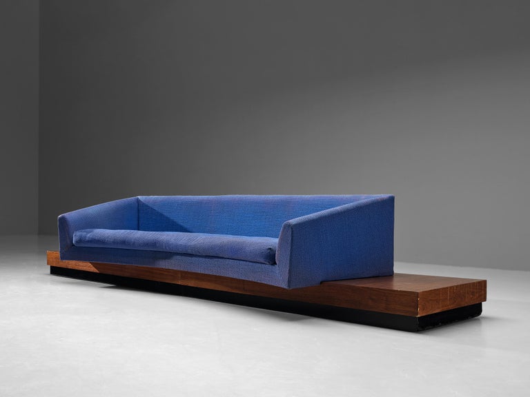 Adrian Pearsall ‘Platform’ Curved Sofa in Blue Fabric and Walnut For Sale 3