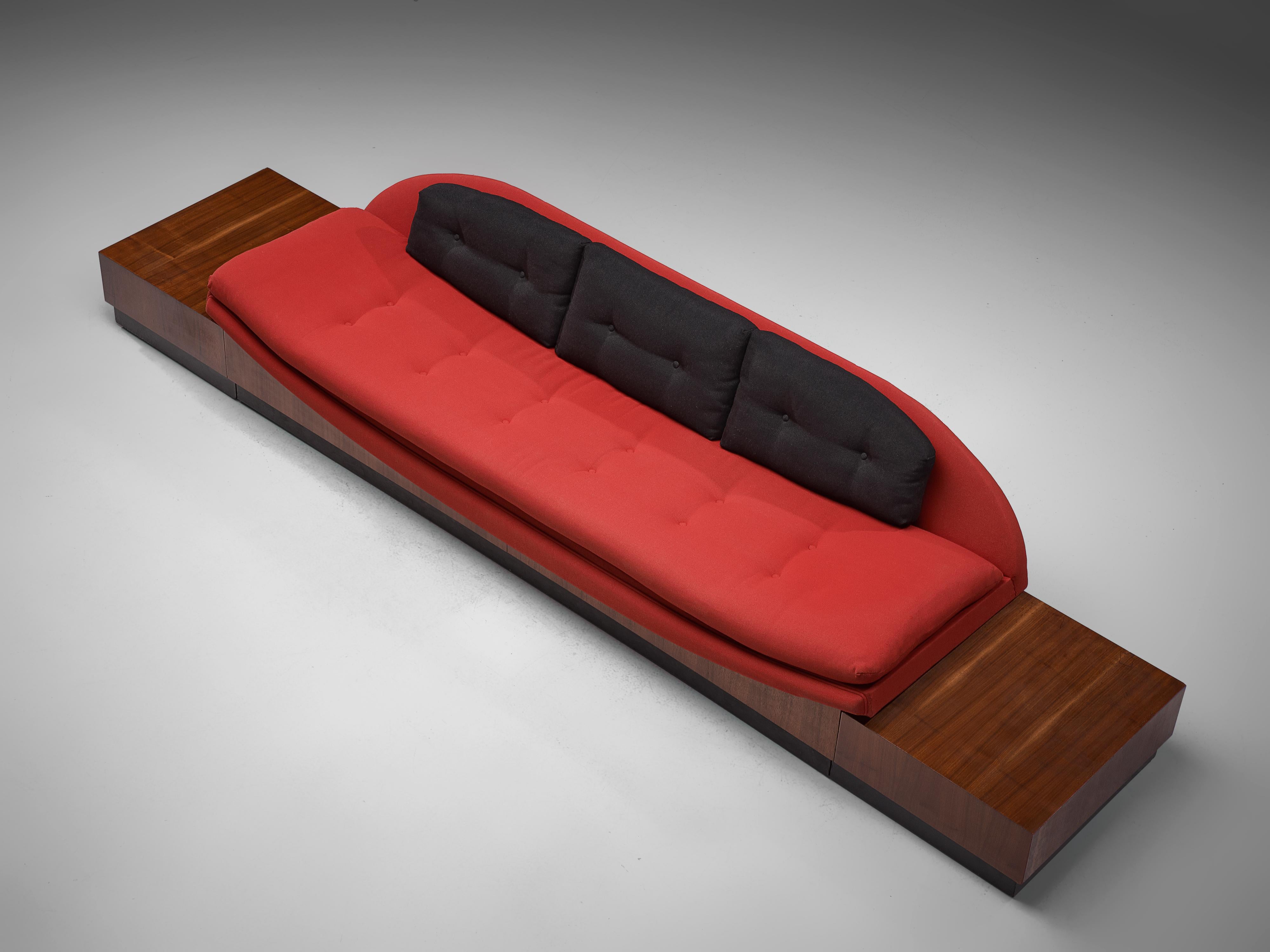 American Adrian Pearsall 'Platform Gondola' Sofa in Walnut and Red Upholstery For Sale