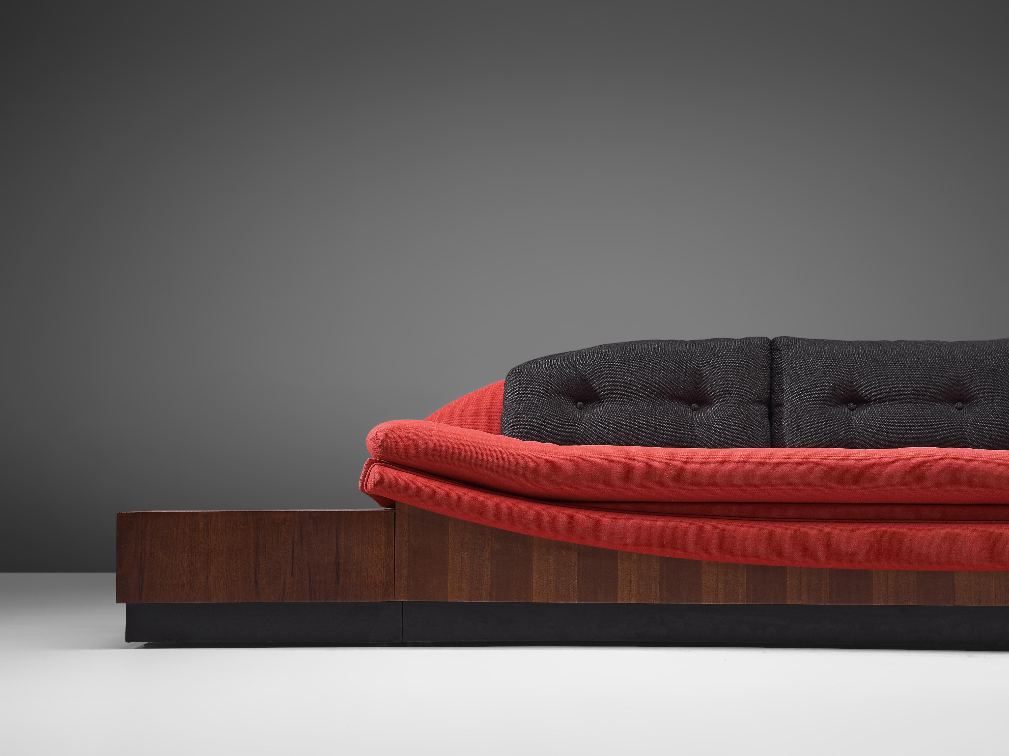 Fabric Adrian Pearsall 'Platform Gondola' Sofa in Walnut and Red Upholstery For Sale