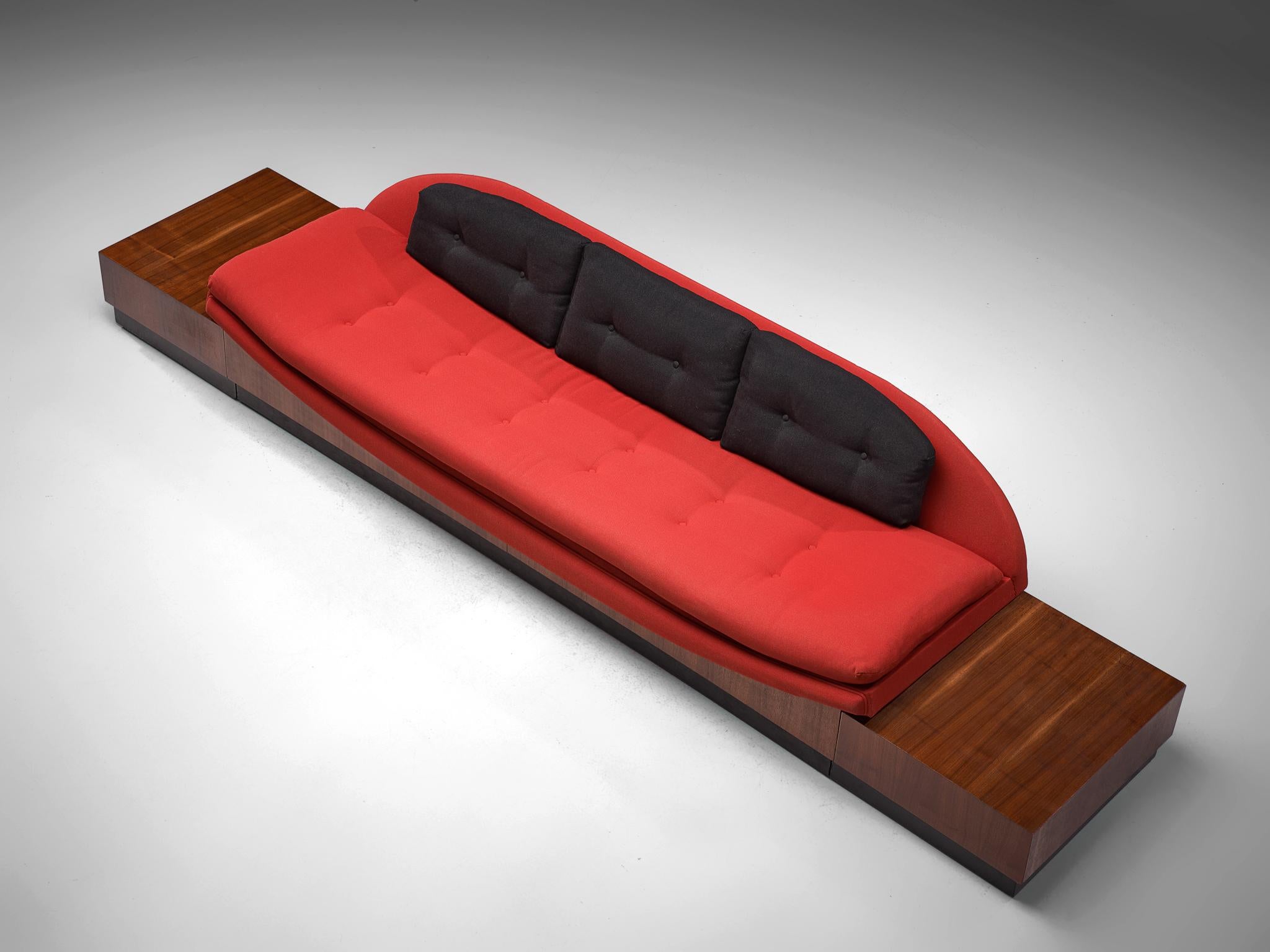 Adrian Pearsall for Craft Associates, Platform Gondola sofa, fabric, walnut and wood, United States, 1960s.

A wonderful sofa that features combination of two great sofa models by Adrian Pearsall; the Gondola sofa and the Platform sofa. The result