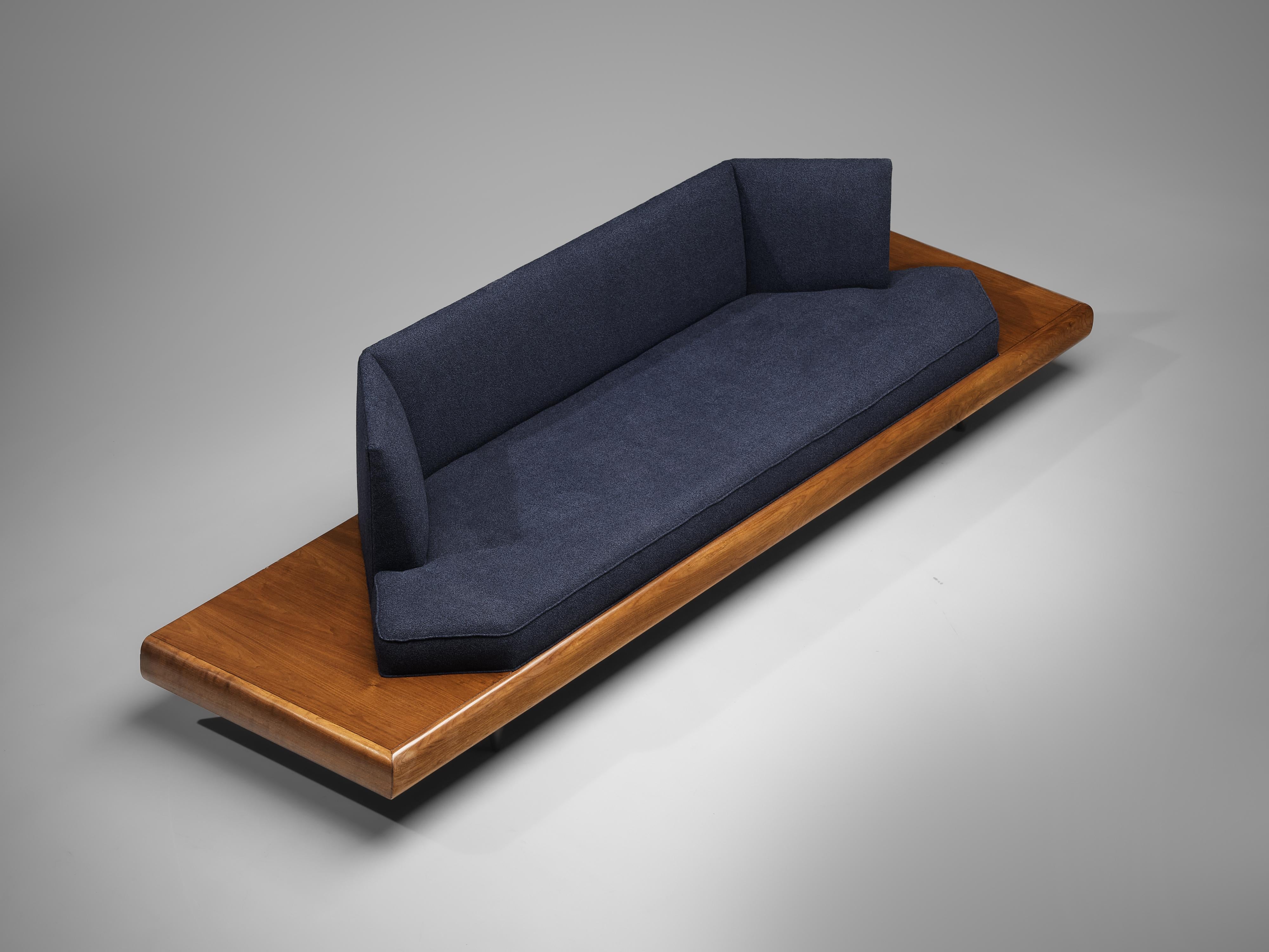 American Adrian Pearsall Platform Sofa 2006S in Walnut and Blue Fabric