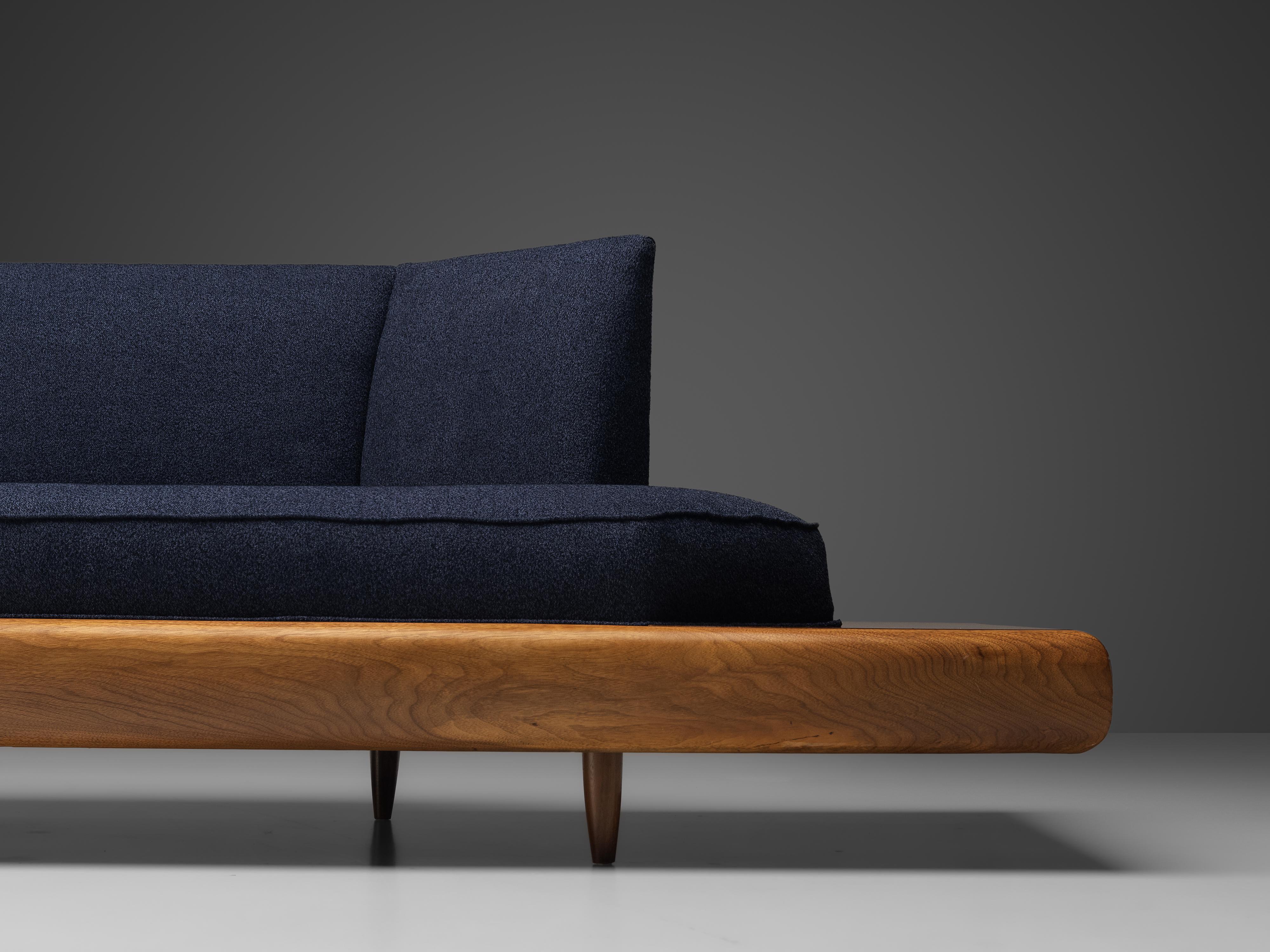 American Adrian Pearsall Platform Sofa '2006S' in Walnut and Blue Upholstery
