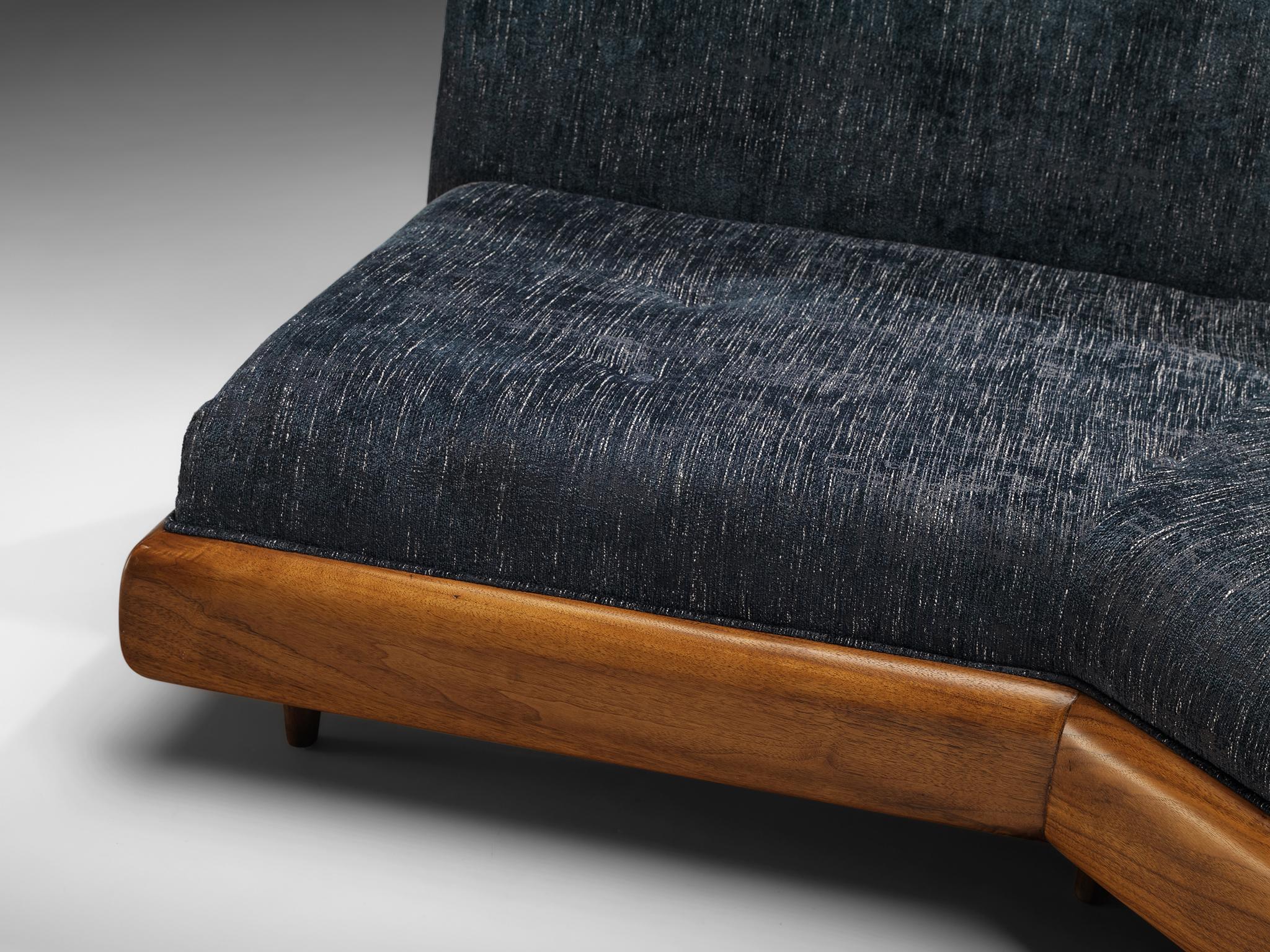 American Adrian Pearsall Platform Sofa in Walnut and Blue Upholstery 