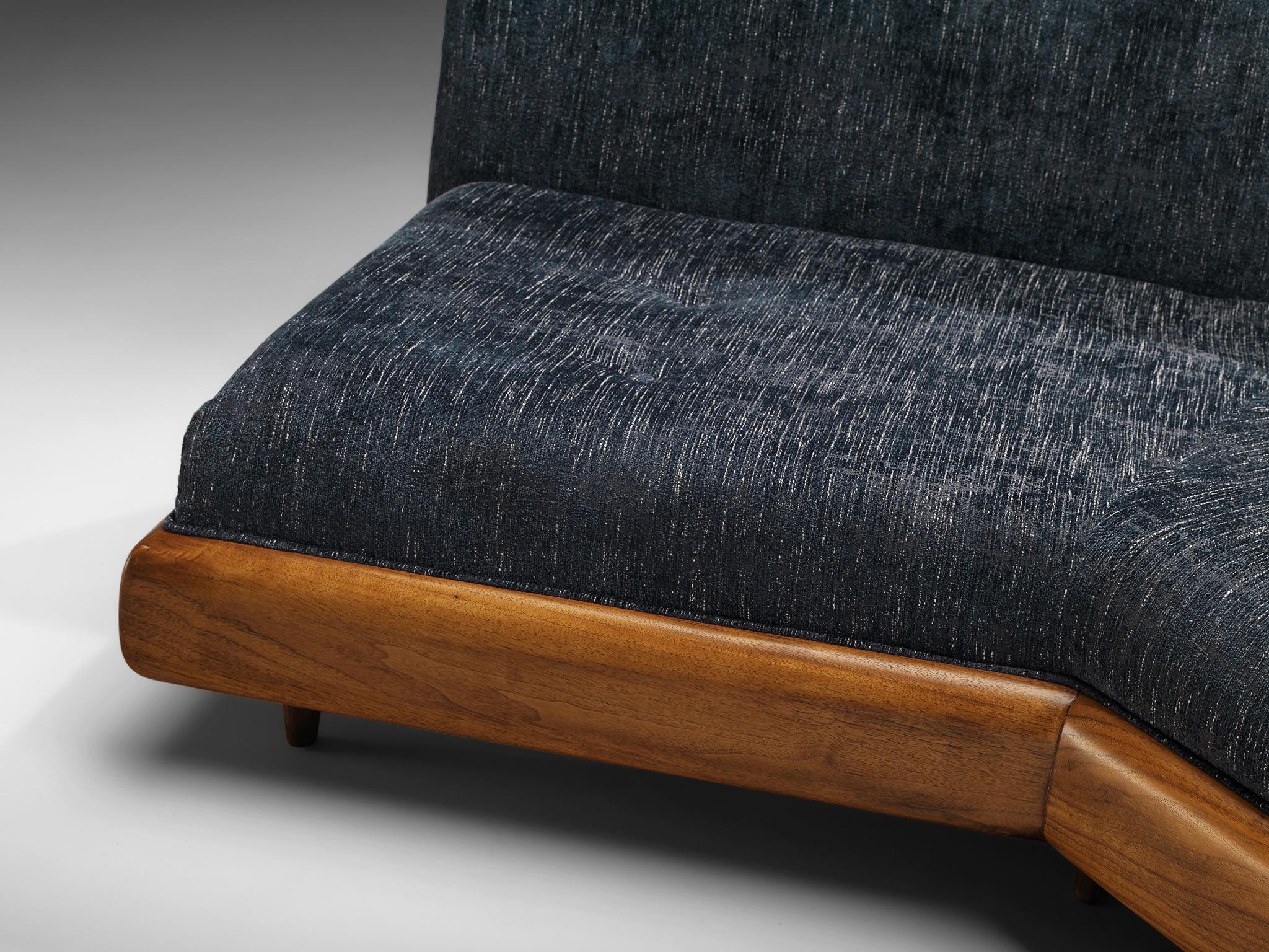 American Adrian Pearsall Platform Sofa in Walnut and Blue Upholstery