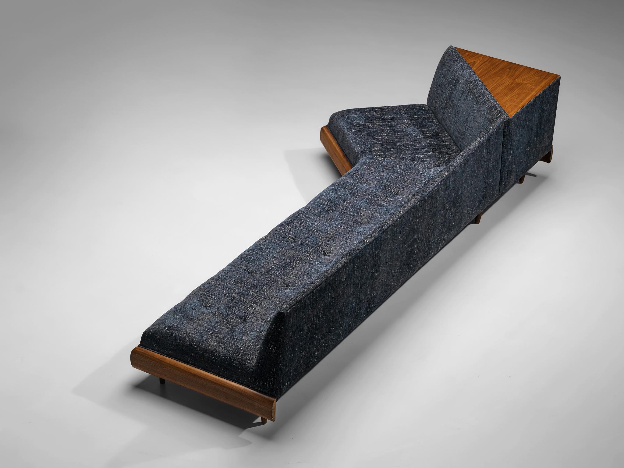 Fabric Adrian Pearsall Platform Sofa in Walnut and Blue Upholstery 