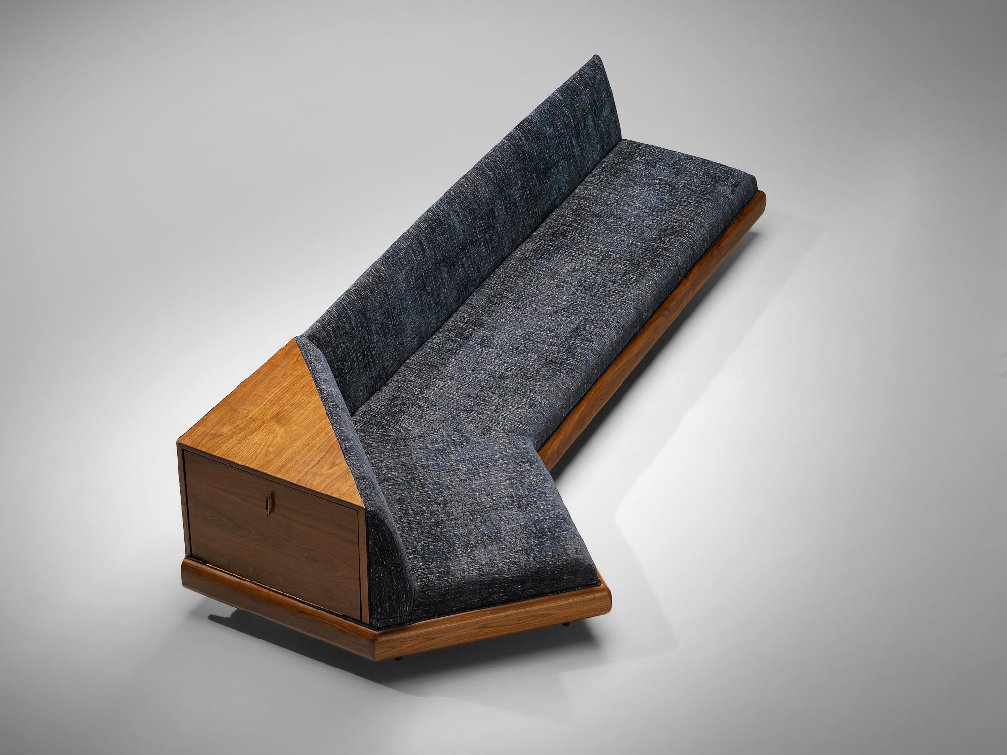 Adrian Pearsall Platform Sofa in Walnut and Blue Upholstery  4