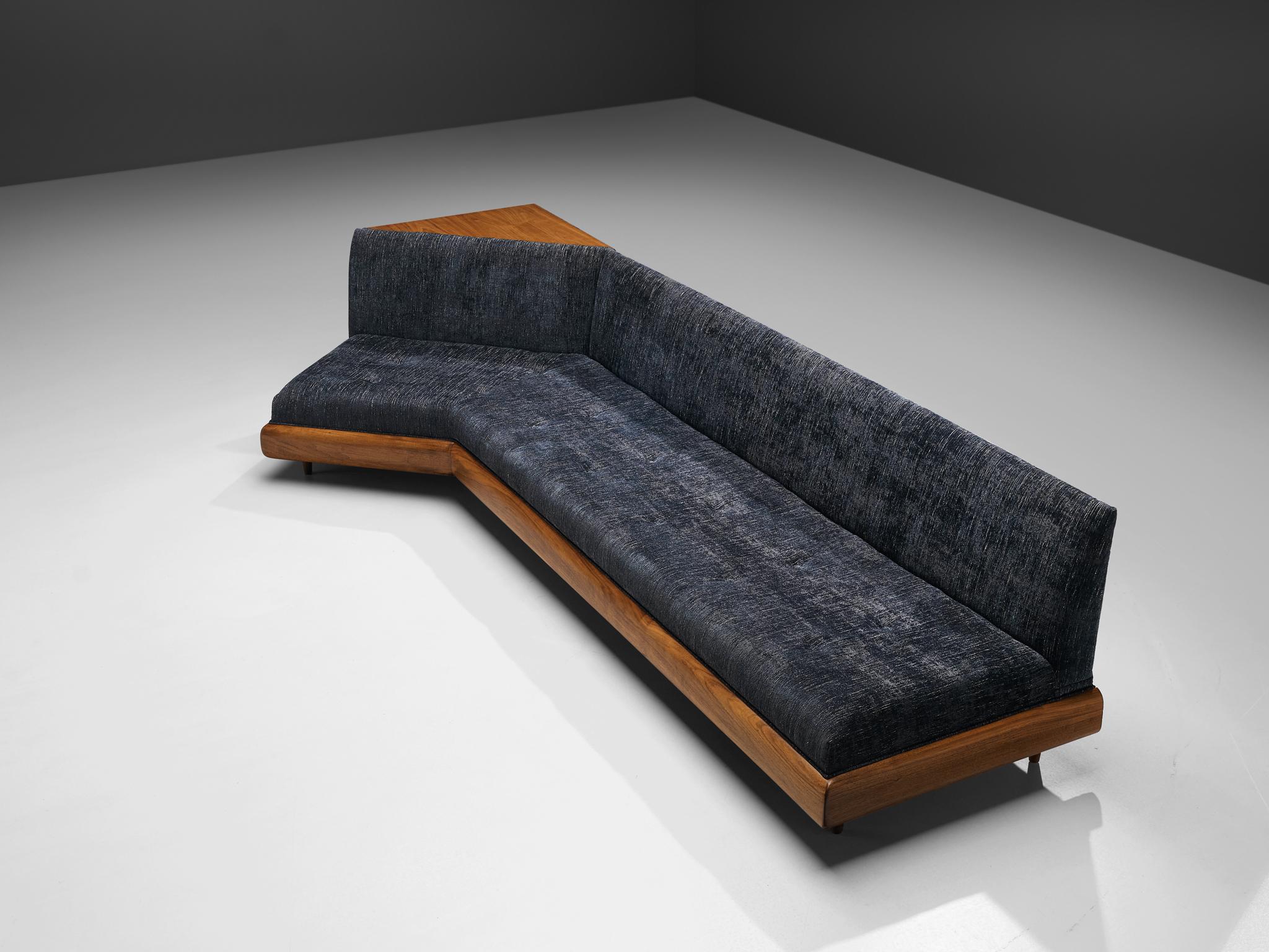 Mid-Century Modern Adrian Pearsall Platform Sofa in Walnut and Blue Upholstery 