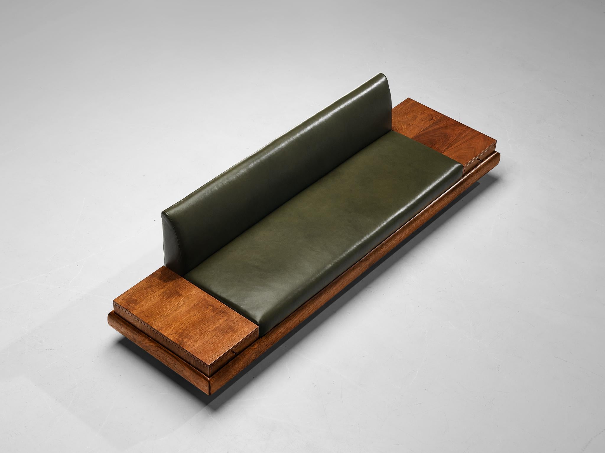 Adrian Pearsall Platform Sofa in Walnut and Forest Green Leather 3