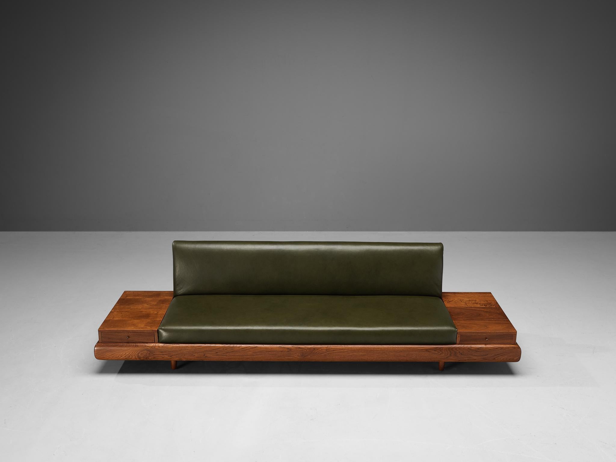 American Adrian Pearsall Platform Sofa in Walnut and Forest Green Leather