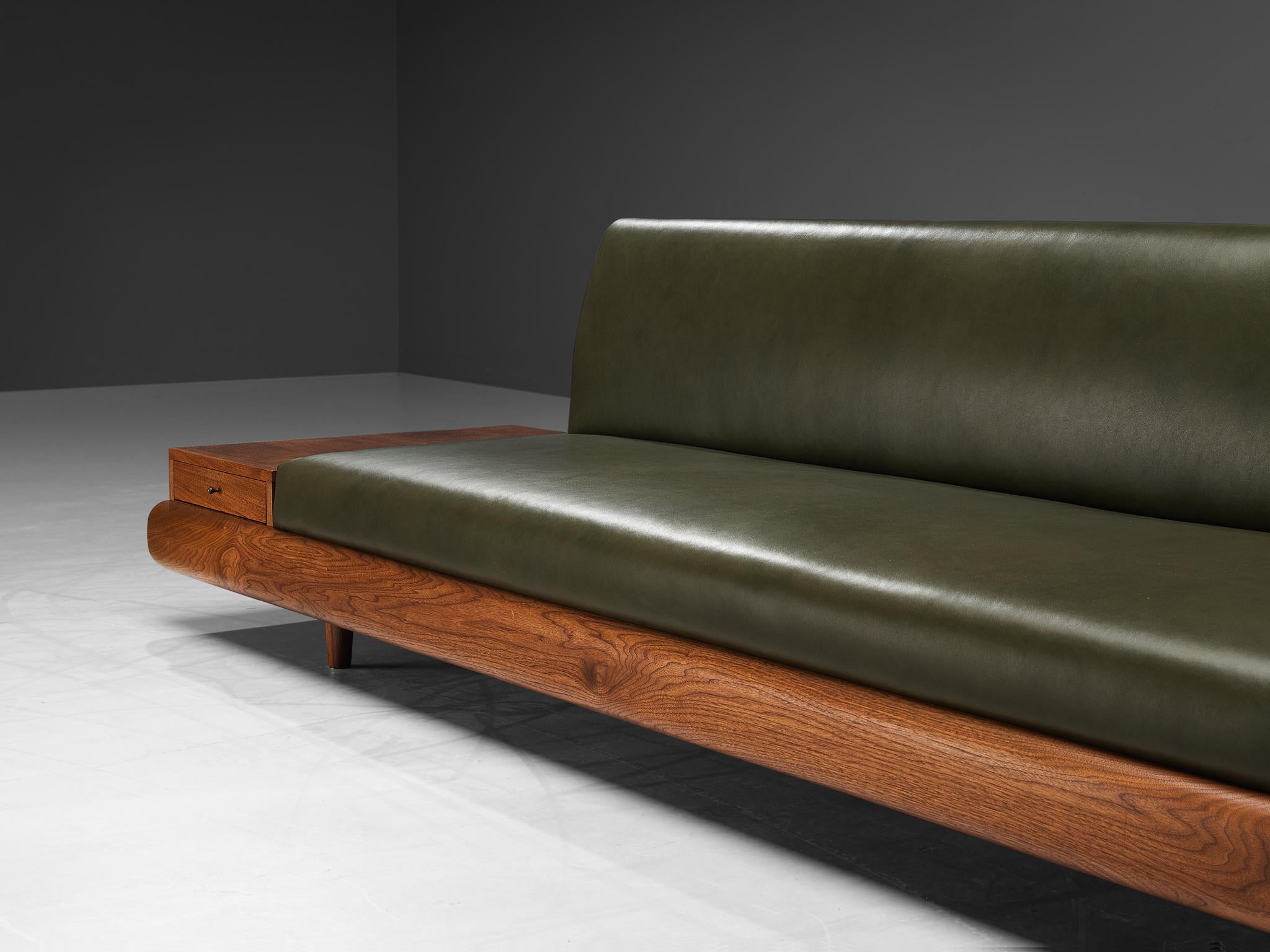 Adrian Pearsall Platform Sofa in Walnut and Forest Green Leather In Good Condition In Waalwijk, NL