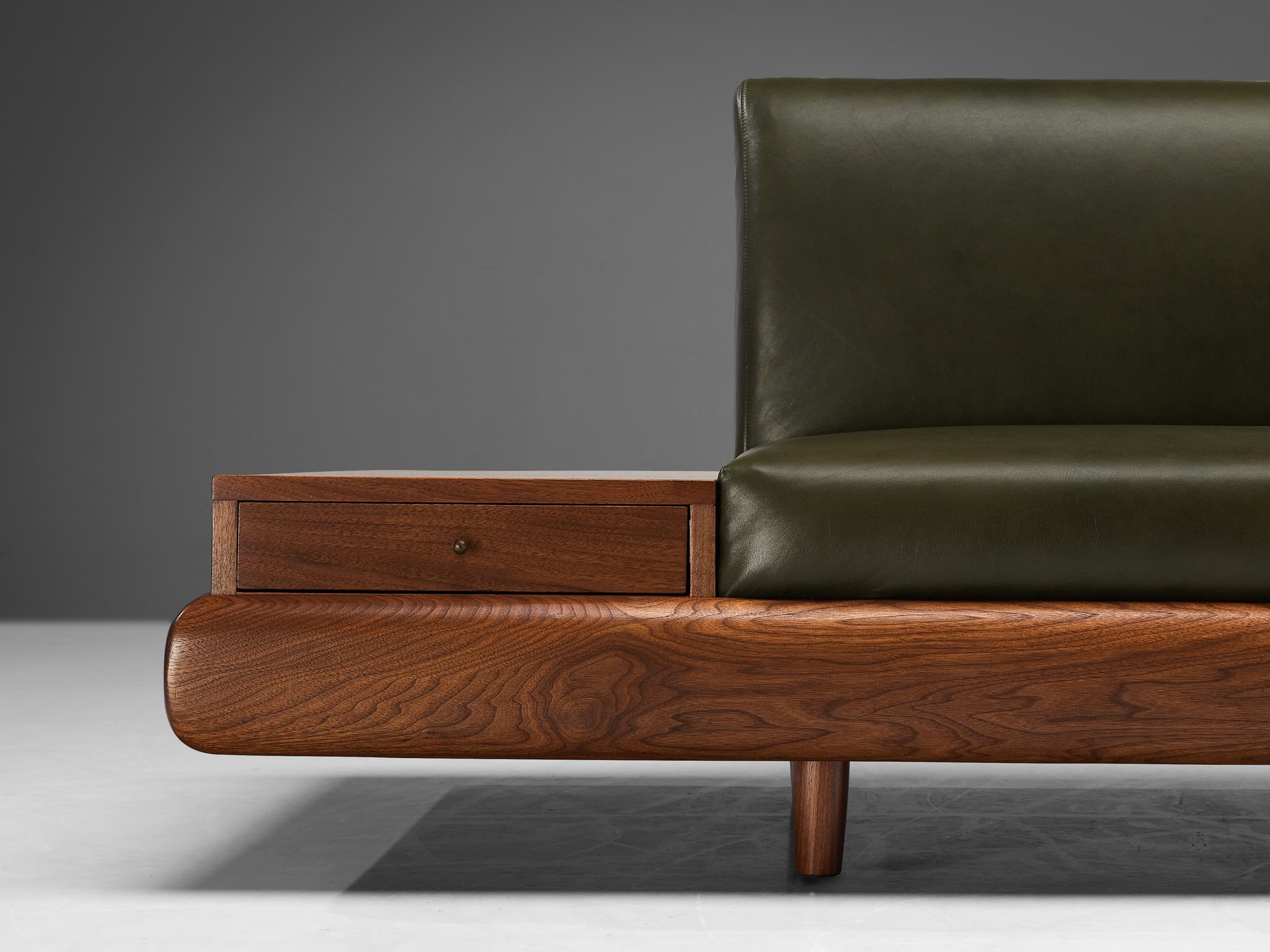 Adrian Pearsall Platform Sofa in Walnut and Forest Green Leather 2