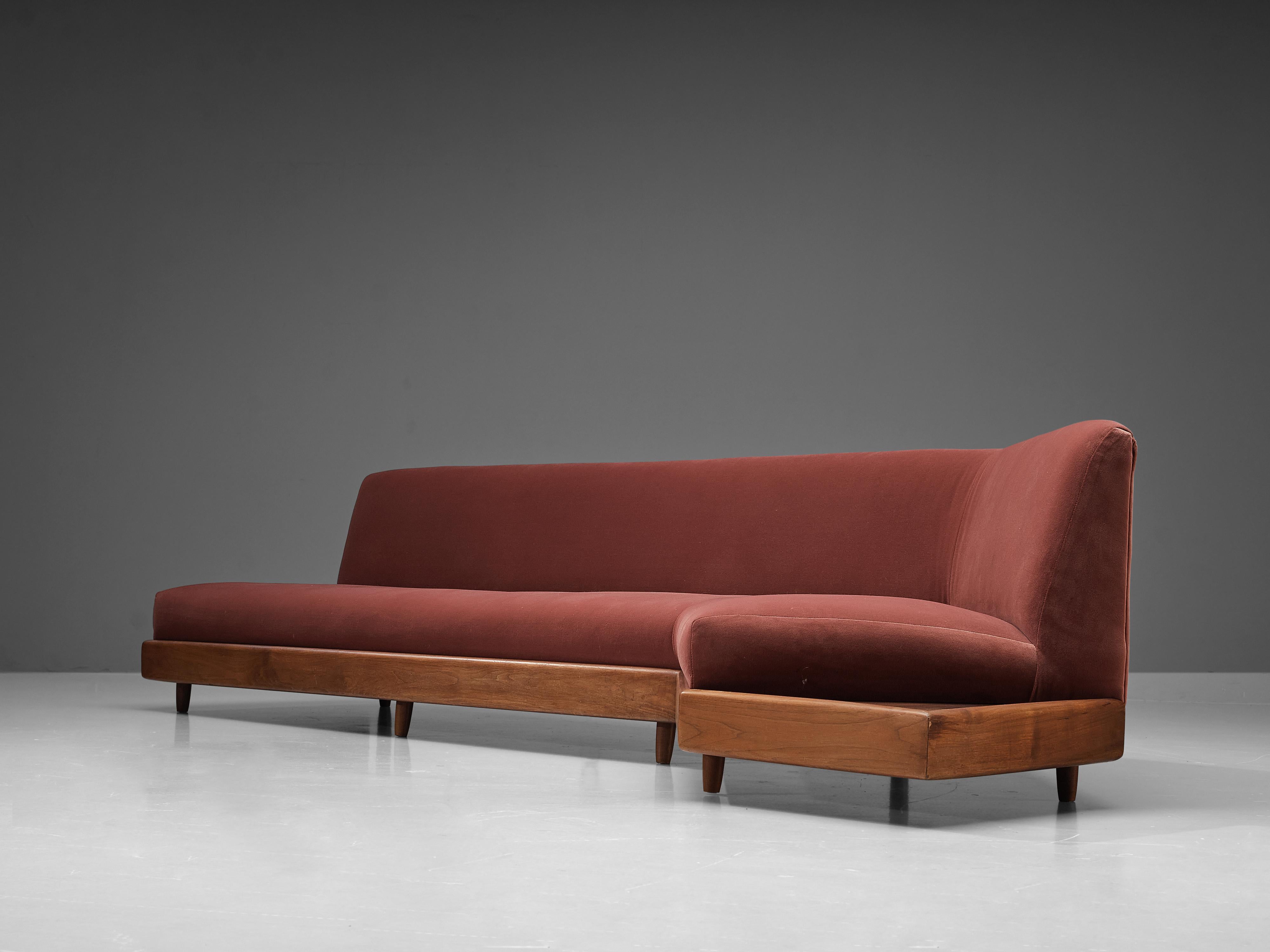 American Adrian Pearsall Platform Sofa Model '1800-S' in Walnut and Dusky Pink Velvet