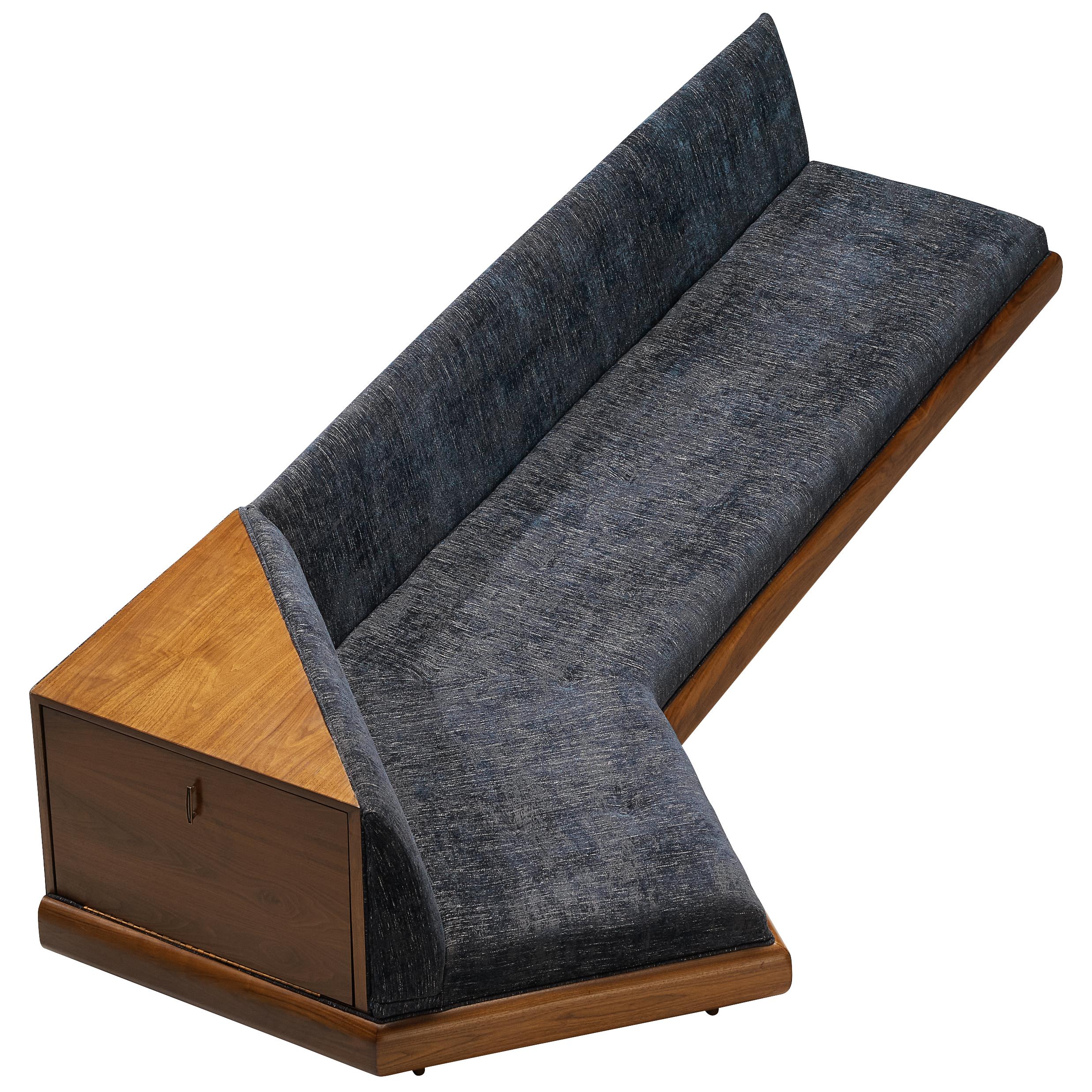 Adrian Pearsall Platform Sofa Model 2167S in Walnut and Blue Fabric