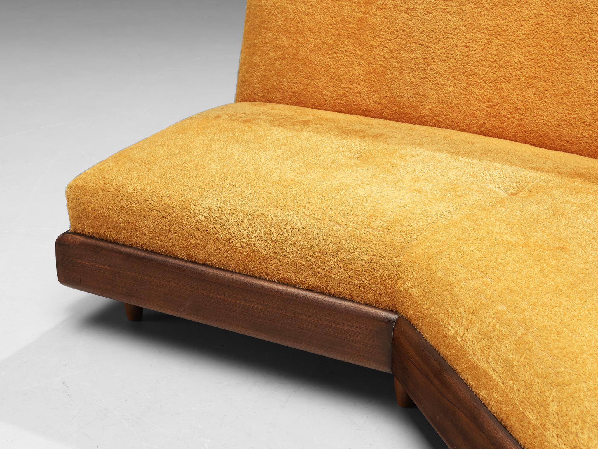 Fabric Adrian Pearsall Platform Sofa in Walnut and Yellow Upholstery 