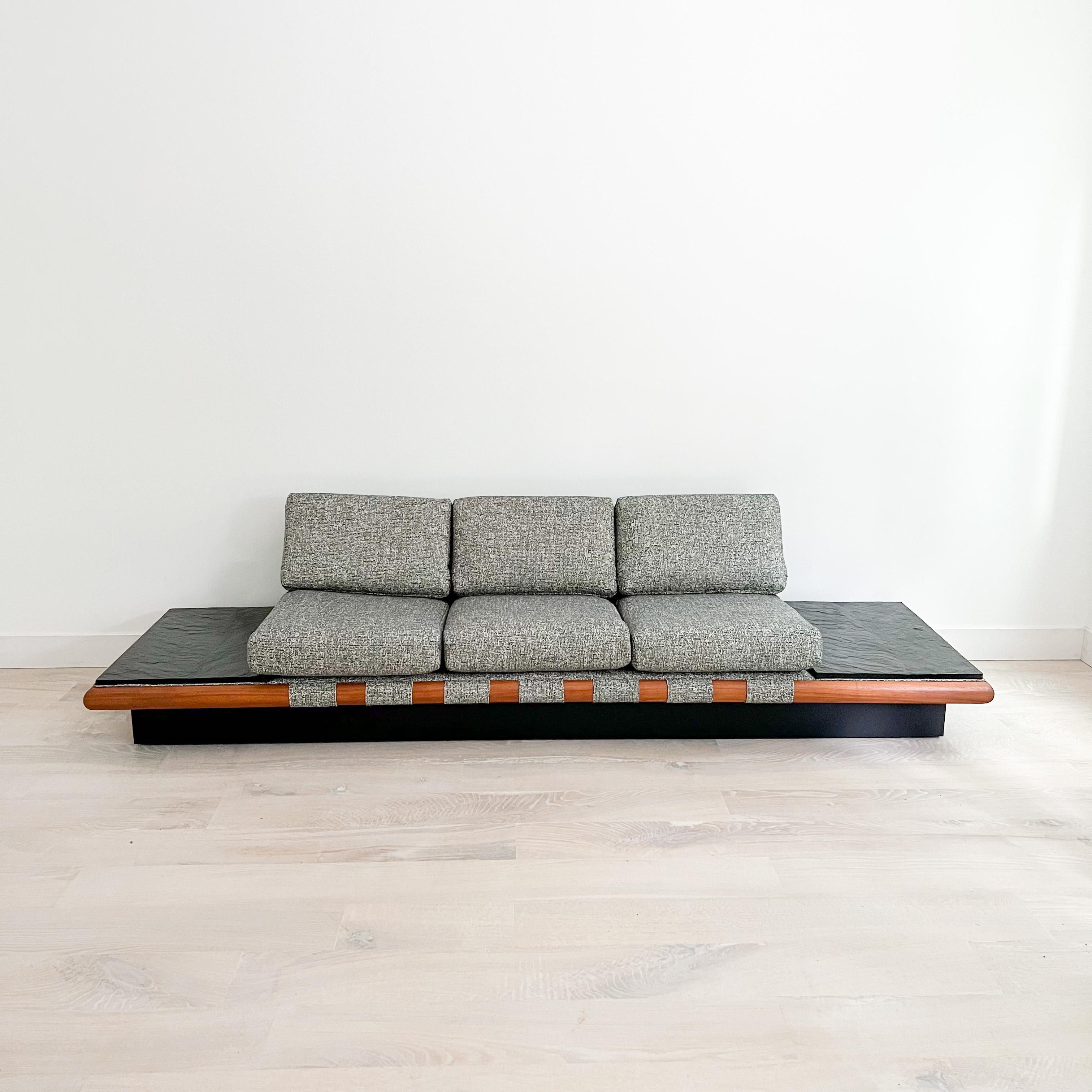 Mid-Century Modern Adrian Pearsall Platform Sofa w/ Slate End Tables, New Grey / Black Upholstery