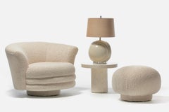 Adrian Pearsall Post Modern Swivel Chair and Ottoman in Ivory White Bouclé
