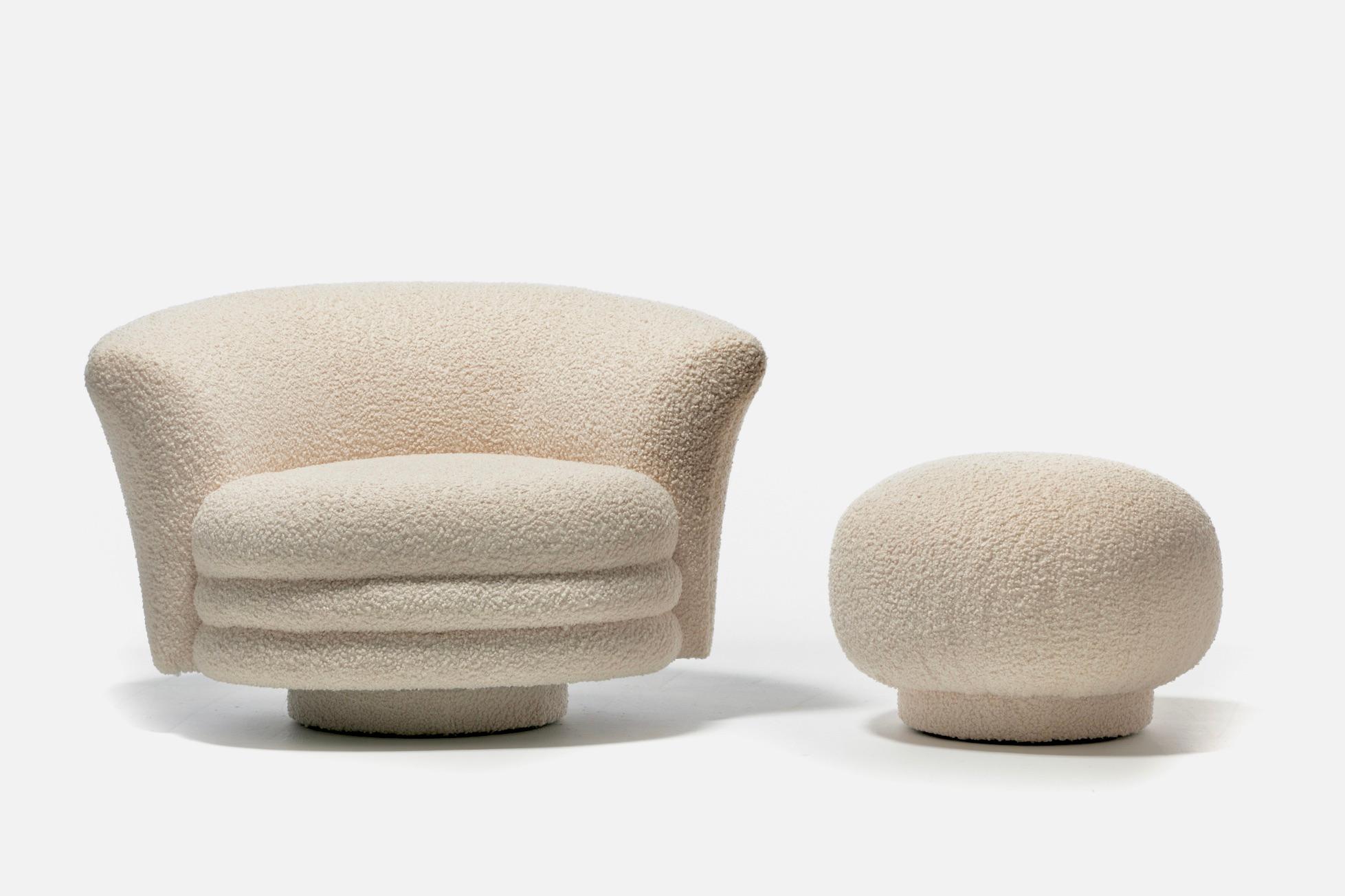 Post-Modern Adrian Pearsall Post Modern Swivel Chair and Ottoman in Ivory White Bouclé For Sale