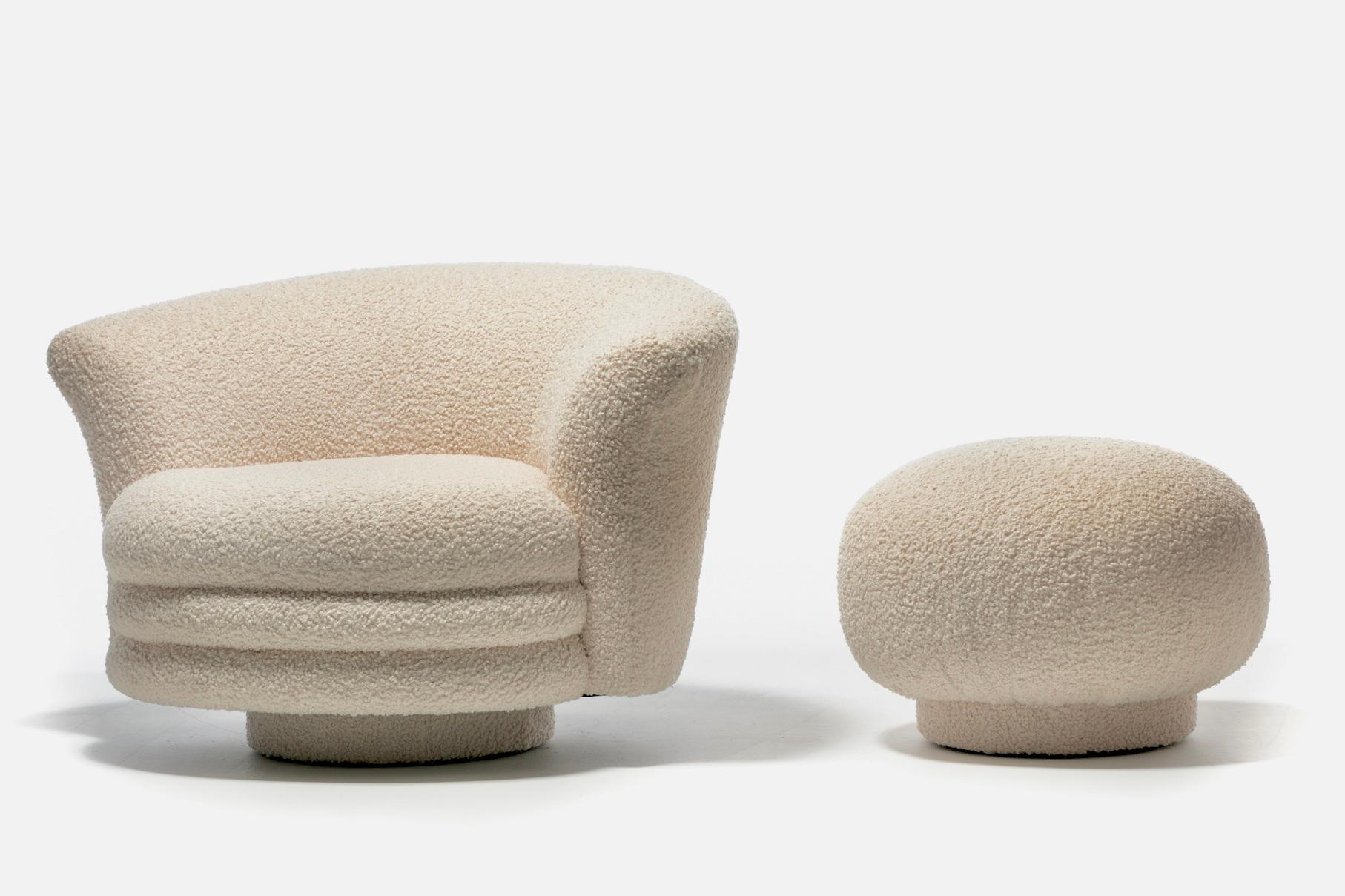 American Adrian Pearsall Post Modern Swivel Chair and Ottoman in Ivory White Bouclé For Sale
