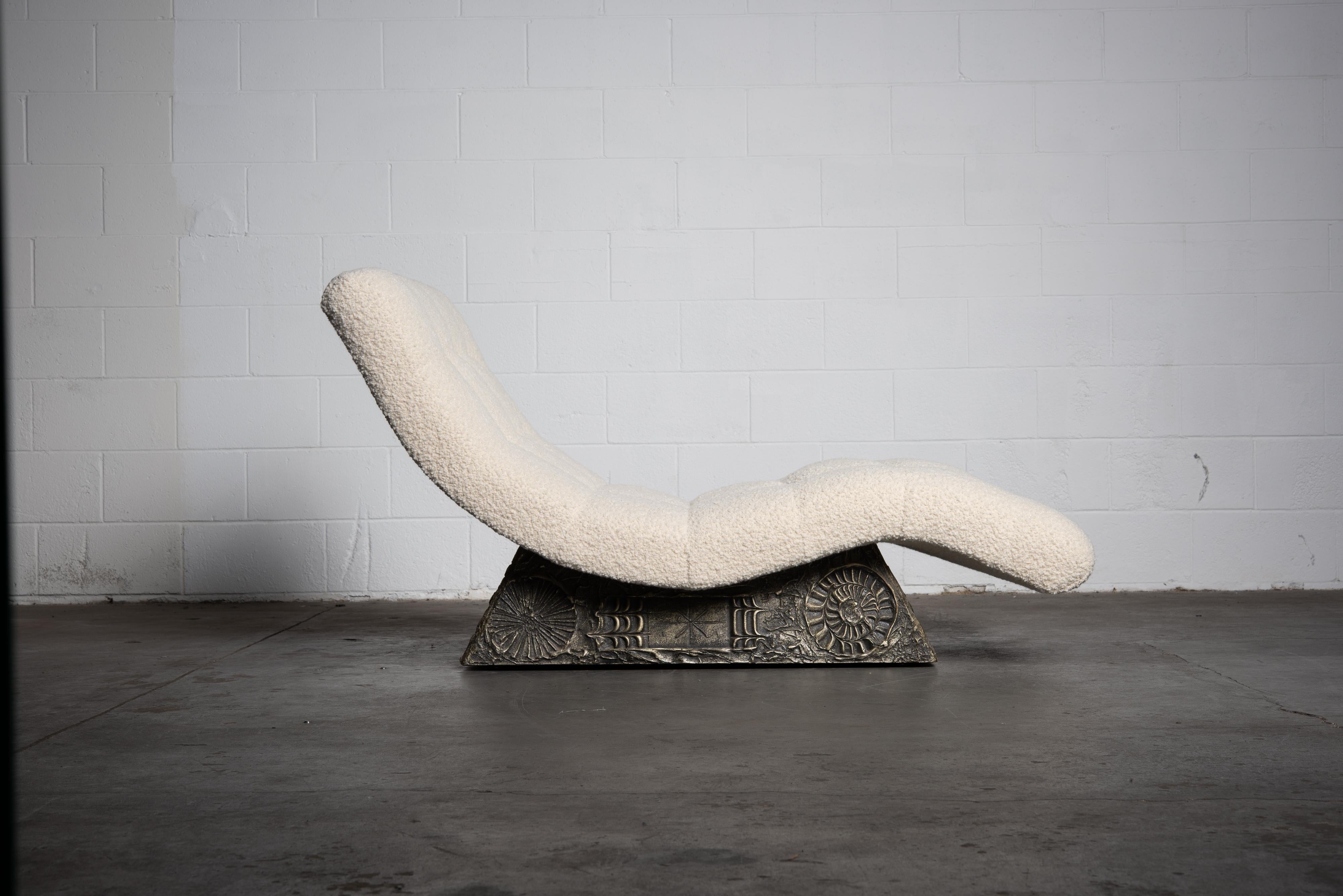 This extremely rare 'Wave' daybed / chaise with sought-after and very hard to find brutalist base was designed by Adrian Pearsall and crated by Craft Associates (signed), circa 1960s, featuring newly and expertly reupholstered alpaca bouclé with