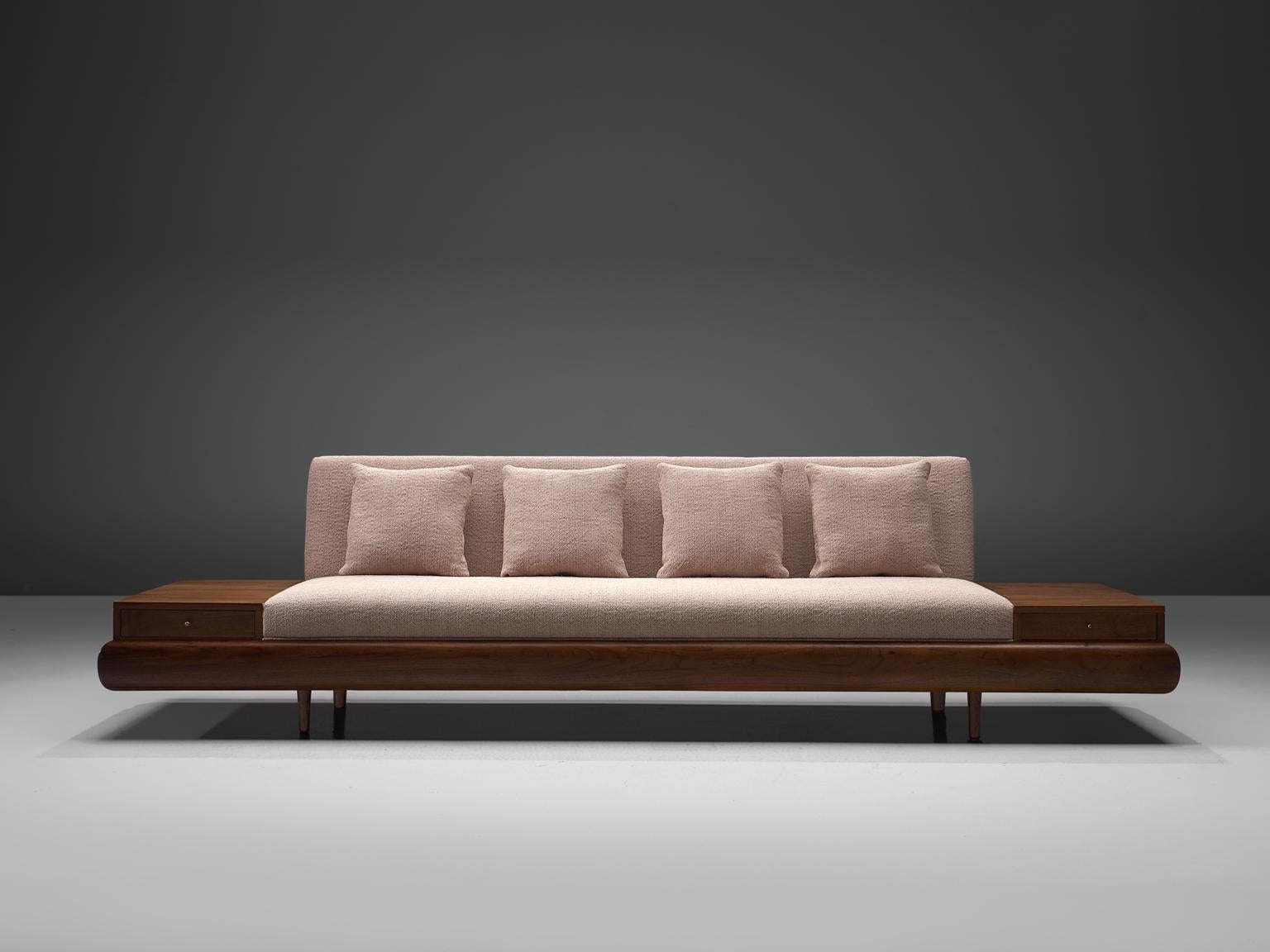 Adrian Pearsall, 'Platforn' sofa, in soft pink fabric and walnut, United States, 1960s

This Classic, soft shaped sofa has a unique feel and although it is straight and simplistic it also shows soft, delicate lines and shapes. The sofa has a