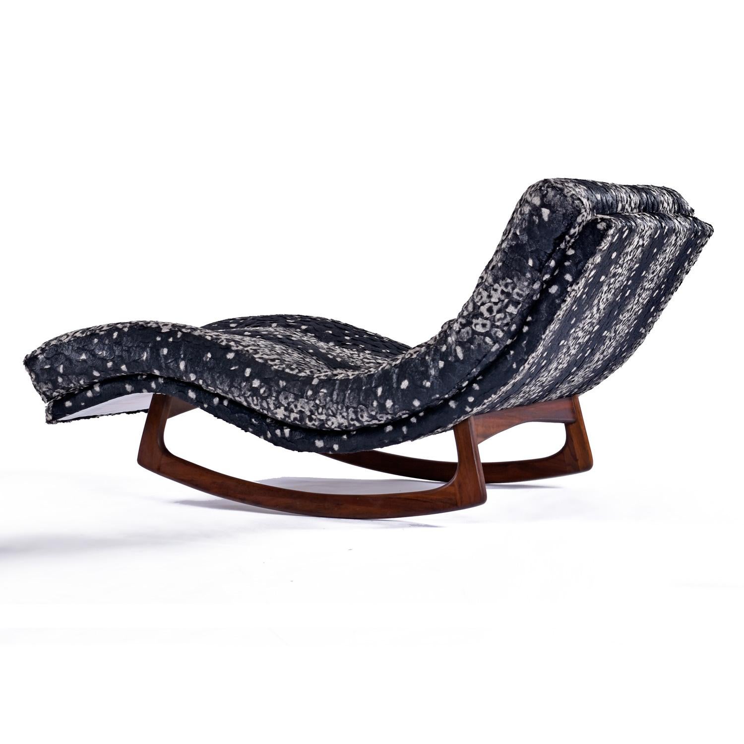 American Adrian Pearsall Rocking Walnut Wave Chaise Lounge Chair in New Fur Fabric