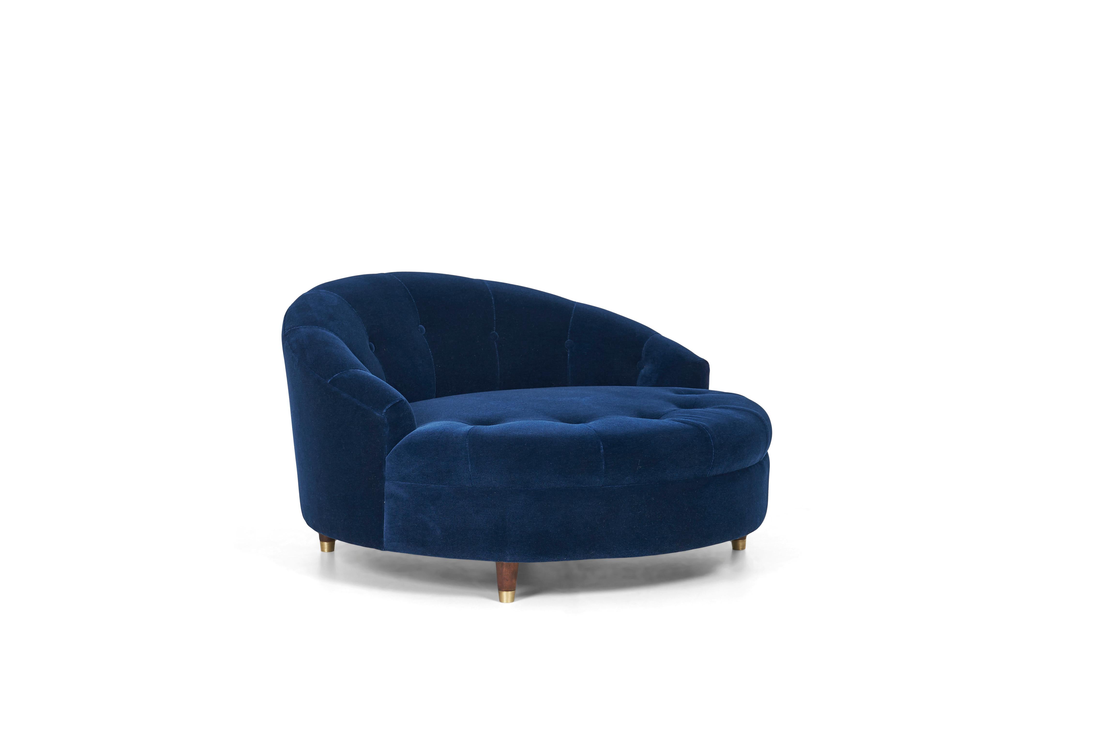Adrian Pearsall round chaise, reupholstered with dark blue great plains mohair. Solid walnut tapered legs with brass caps.