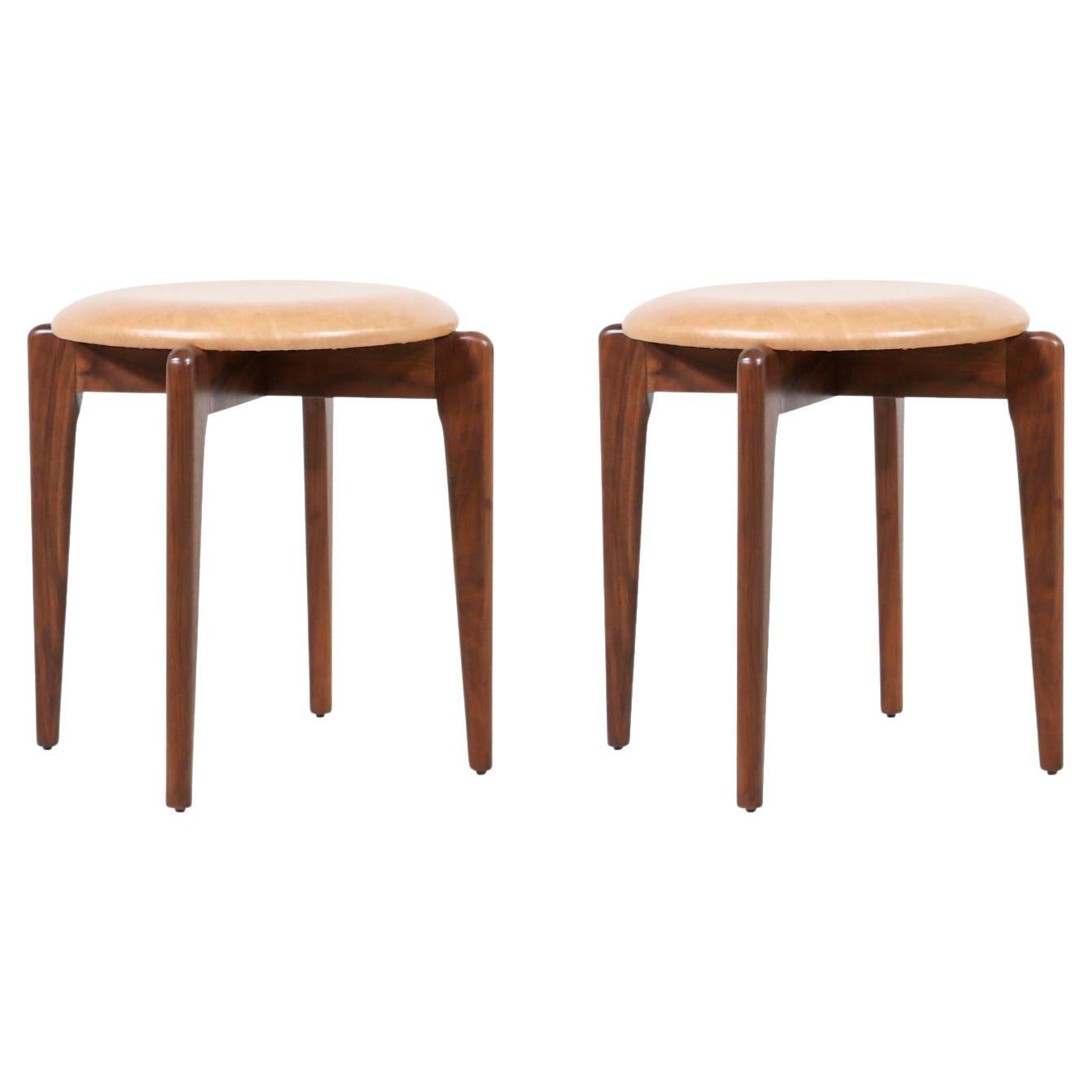 Adrian Pearsall Sculpted Walnut & Leather Stools for Craft Associates