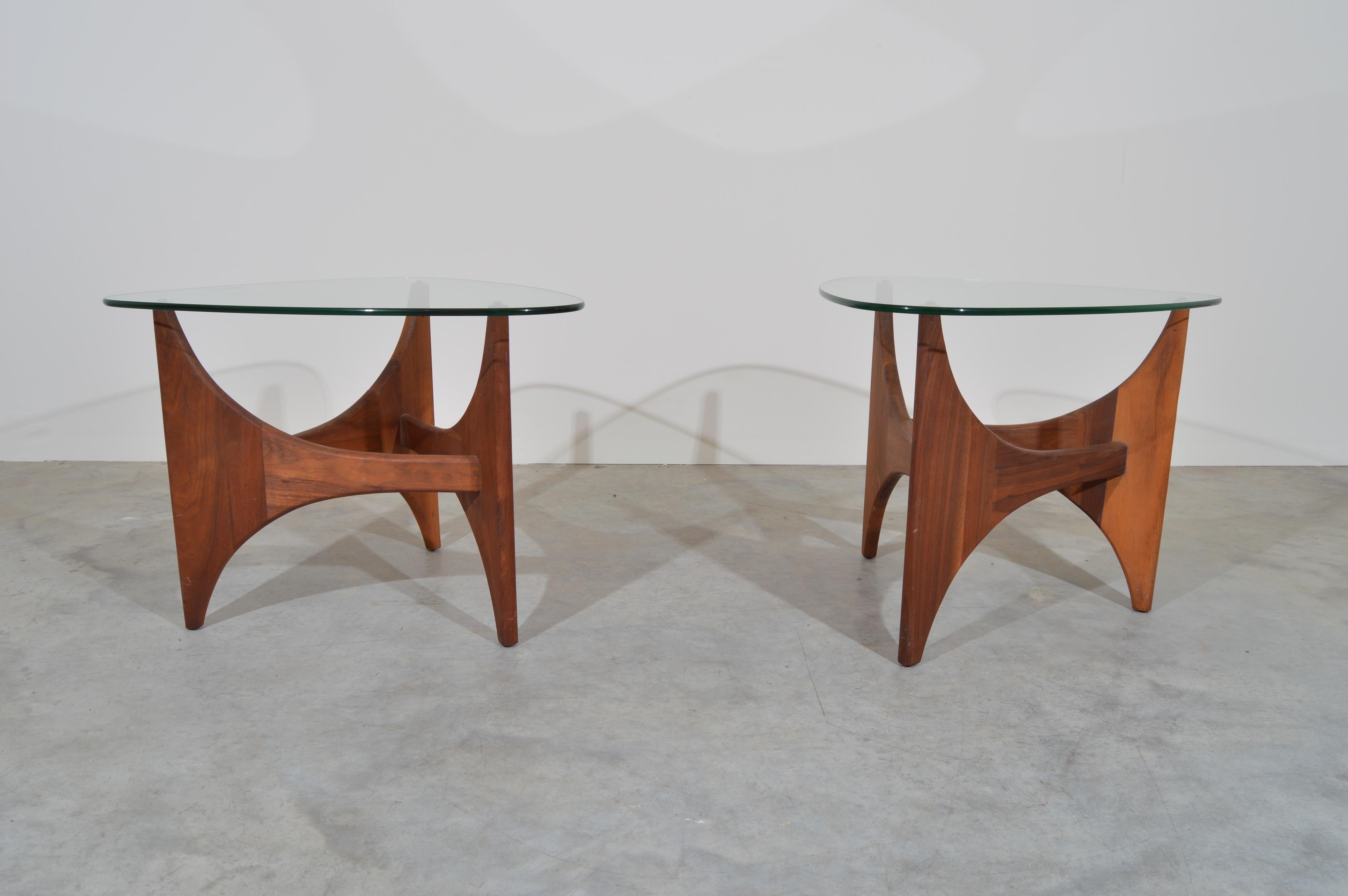 American Adrian Pearsall Sculptural Walnut Side Tables Having Guitar Pick Glass Tops