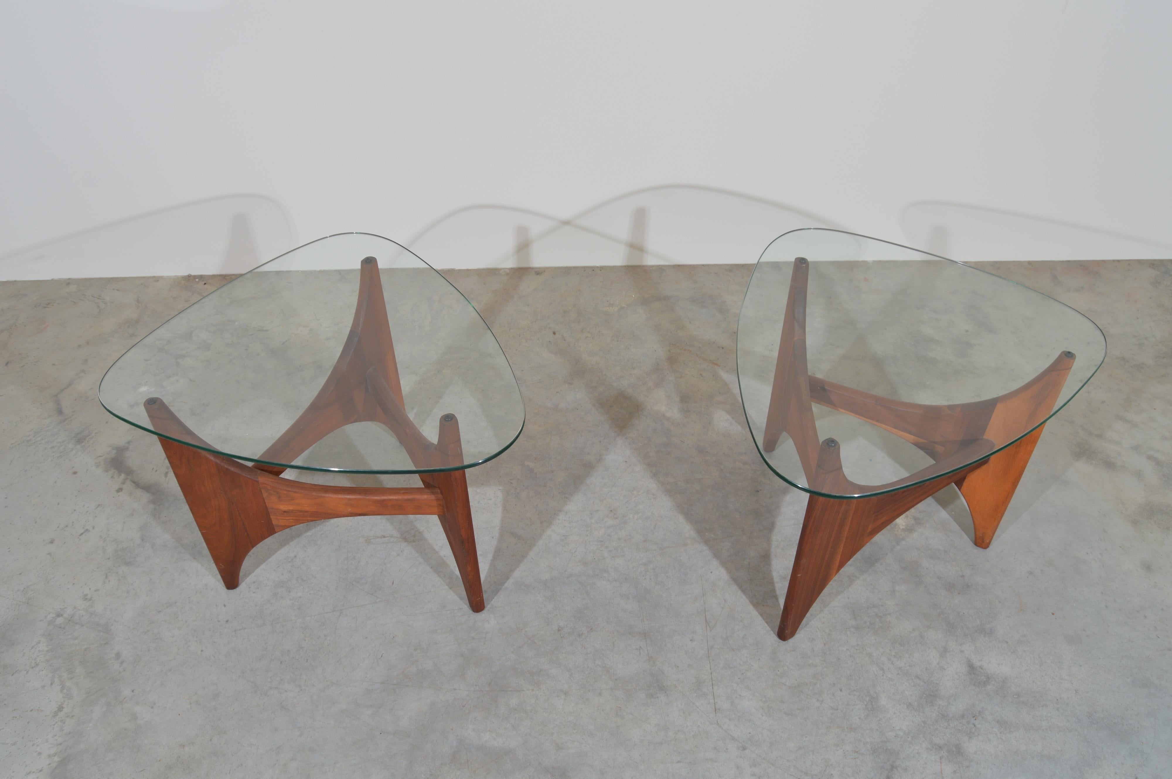 Tempered Adrian Pearsall Sculptural Walnut Side Tables Having Guitar Pick Glass Tops