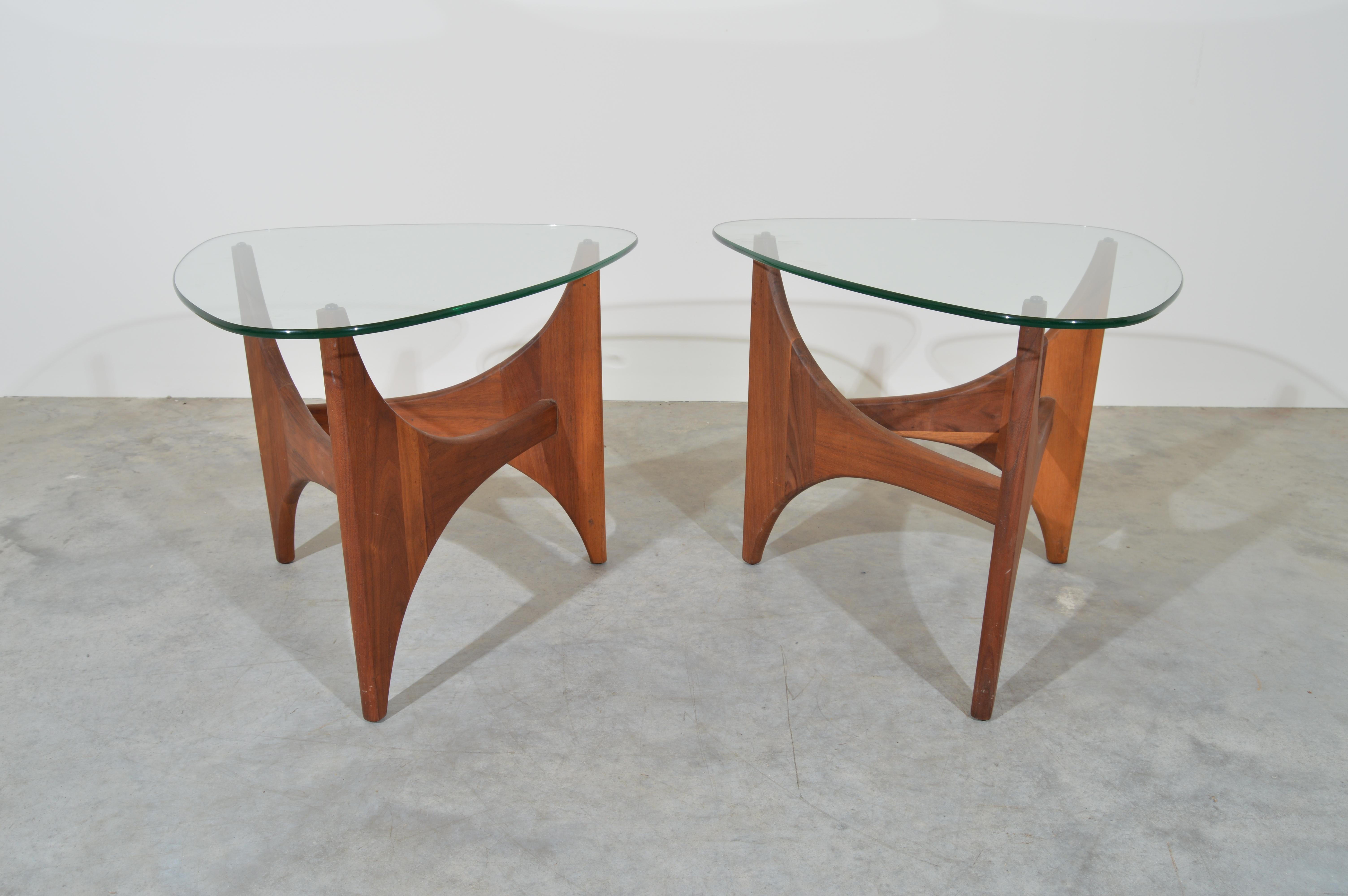 Adrian Pearsall Sculptural Walnut Side Tables Having Guitar Pick Glass Tops In Excellent Condition In Southampton, NJ