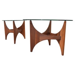 Adrian Pearsall Sculptural Walnut Side Tables Having Guitar Pick Glass Tops