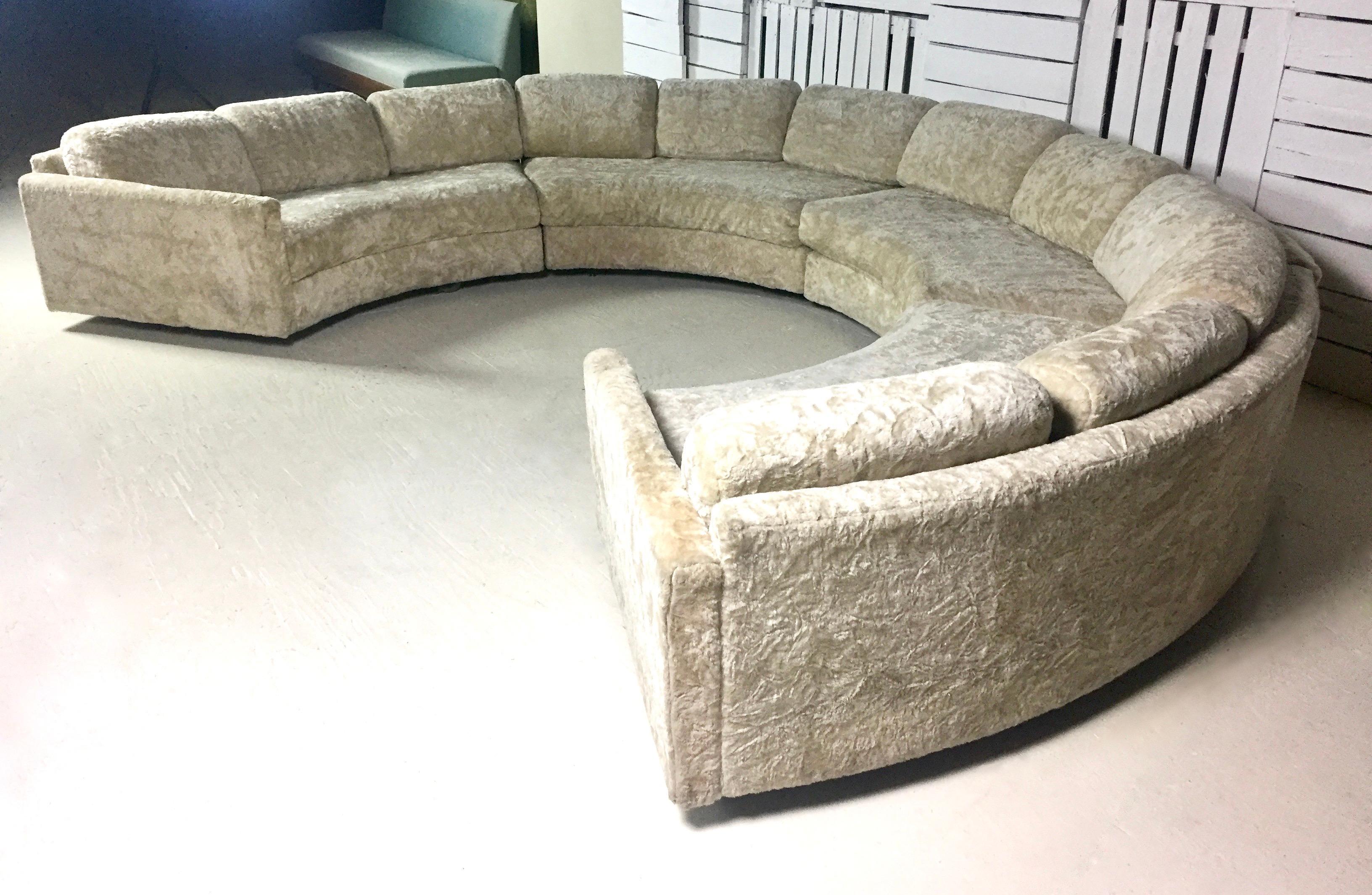 Mid-Century Modern Adrian Pearsall Semi-Circular Ivory Crushed Velvet Curved Sectional Sofa