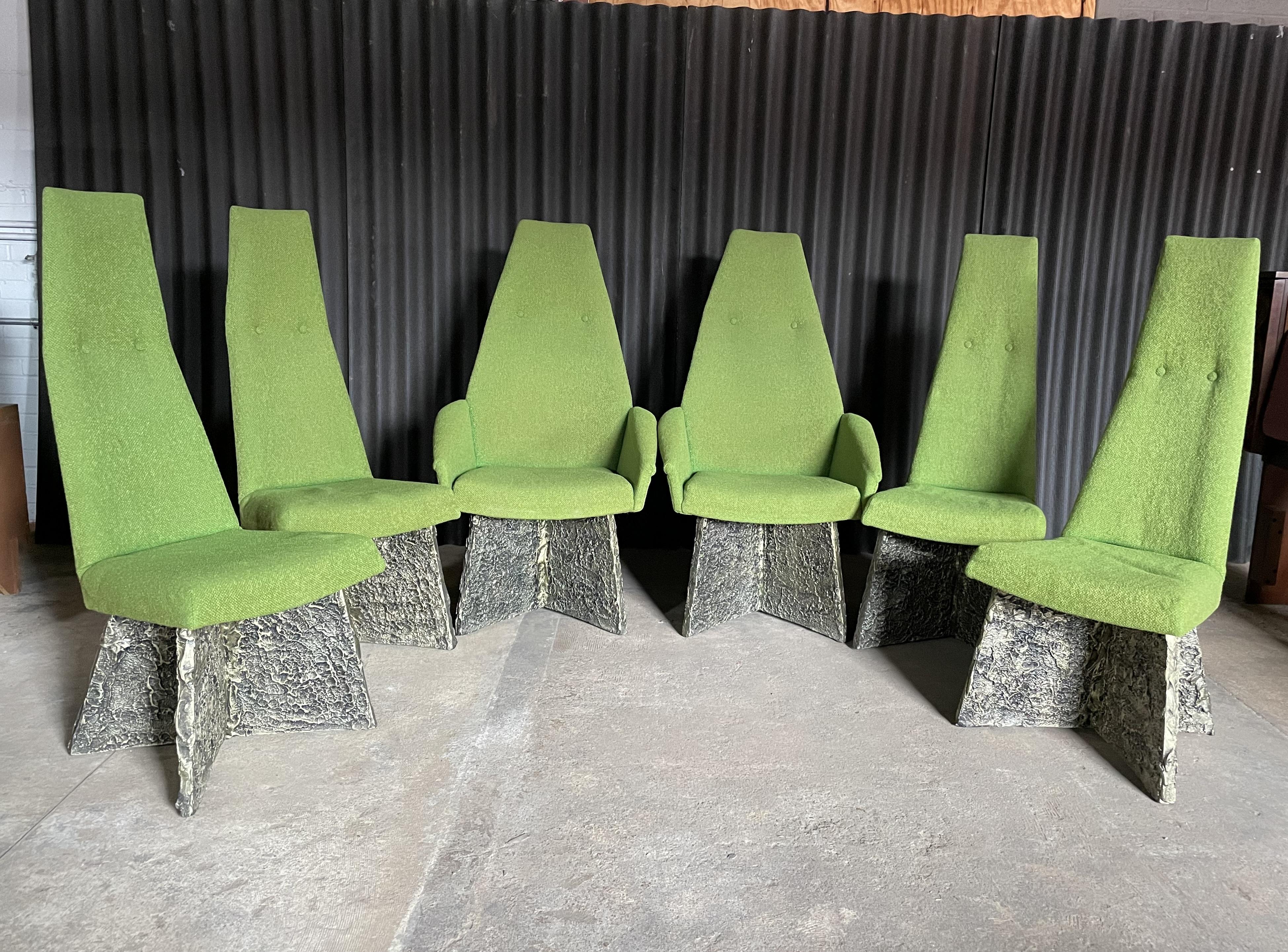 The most spectacular set of Adrian Pearsall brutalist dining chairs out there.
From the sculptured bases to the apple green colored fabric, so Gorgeous!

These iconic pieces are timeless and forever.
The fabric, itself, is in fantastic condition